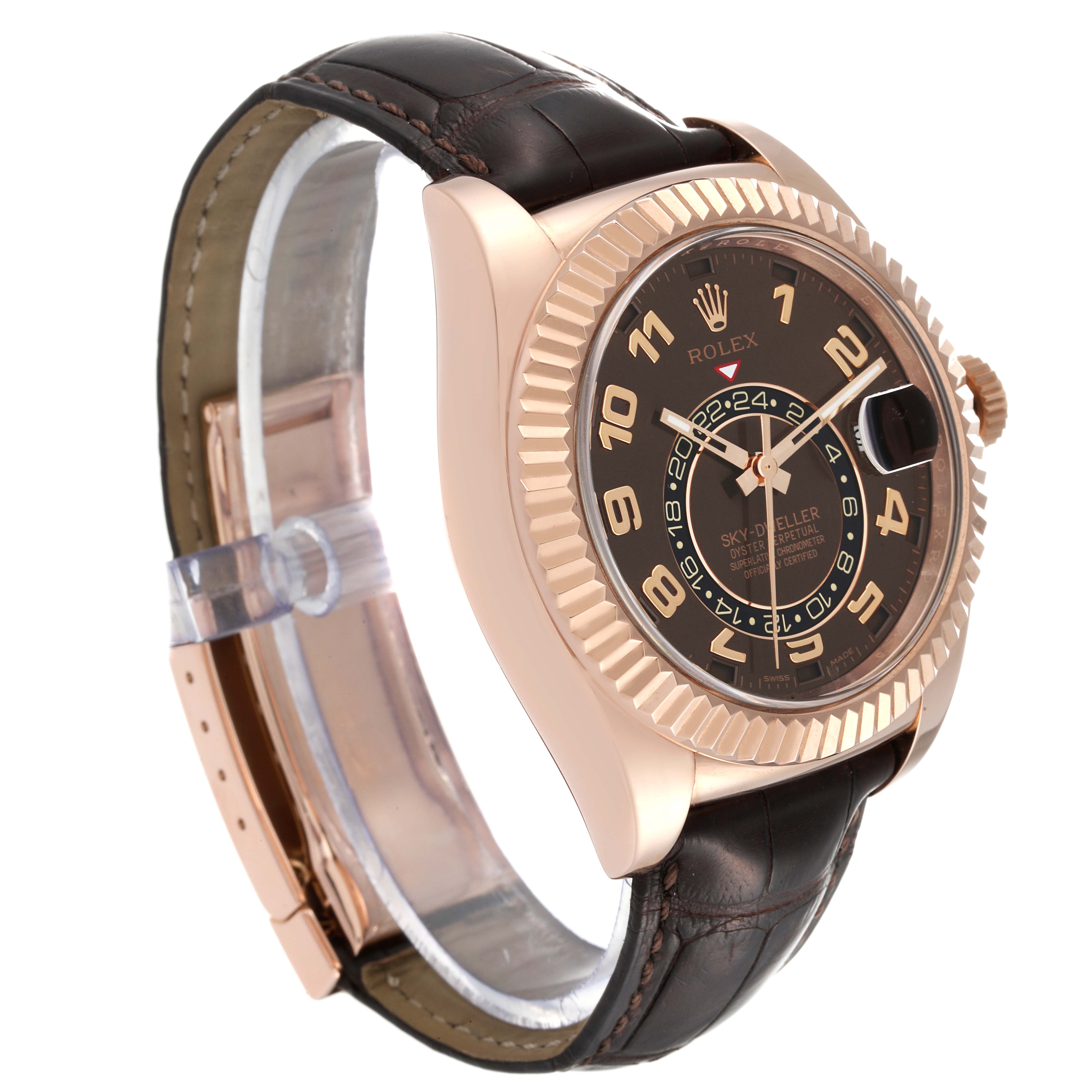 The watch shown is a Rolex Sky-Dweller 326135 Men's Rose Gold Brown Dial 326135 Men's Rose Gold Brown Dial model in a three-quarter side view, highlighting the strap, bezel, and dial.