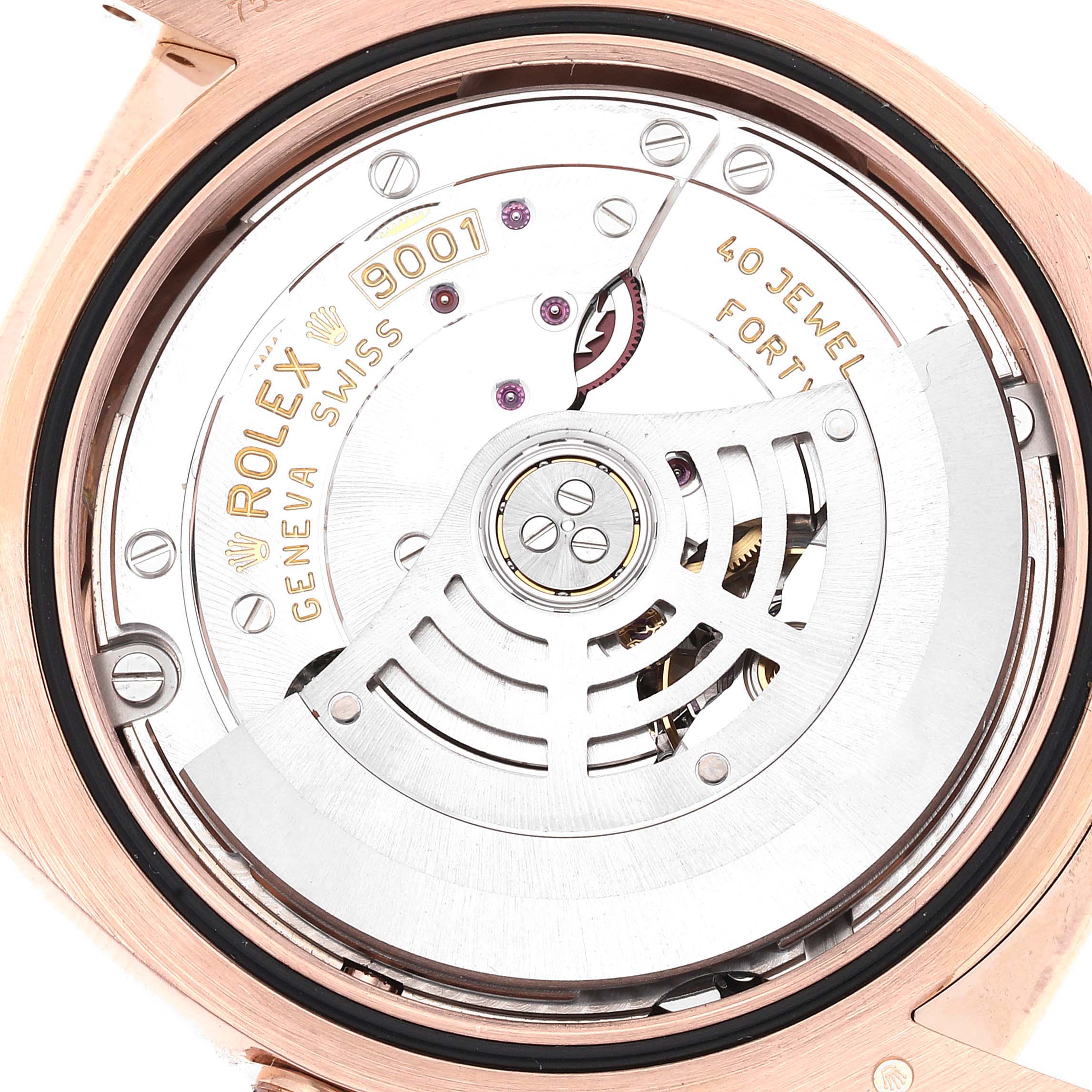 This image shows a close-up view of the movement mechanism inside a Rolex Sky-Dweller 326135 Men's Rose Gold Brown Dial 326135 Men's Rose Gold Brown Dial watch.