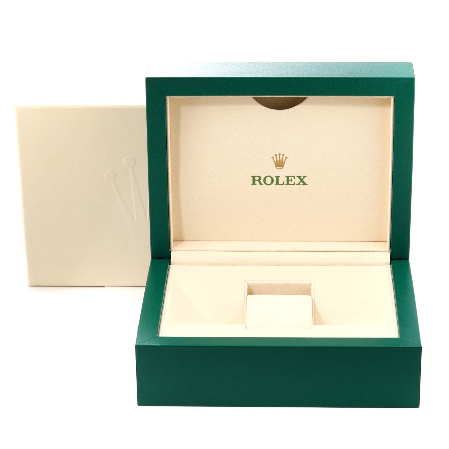 This image shows an open green and beige packaging box for the Rolex Sky-Dweller 326135 Men's Rose Gold Brown Dial 326135 Men's Rose Gold Brown Dial watch, displaying the brand logo inside the lid.