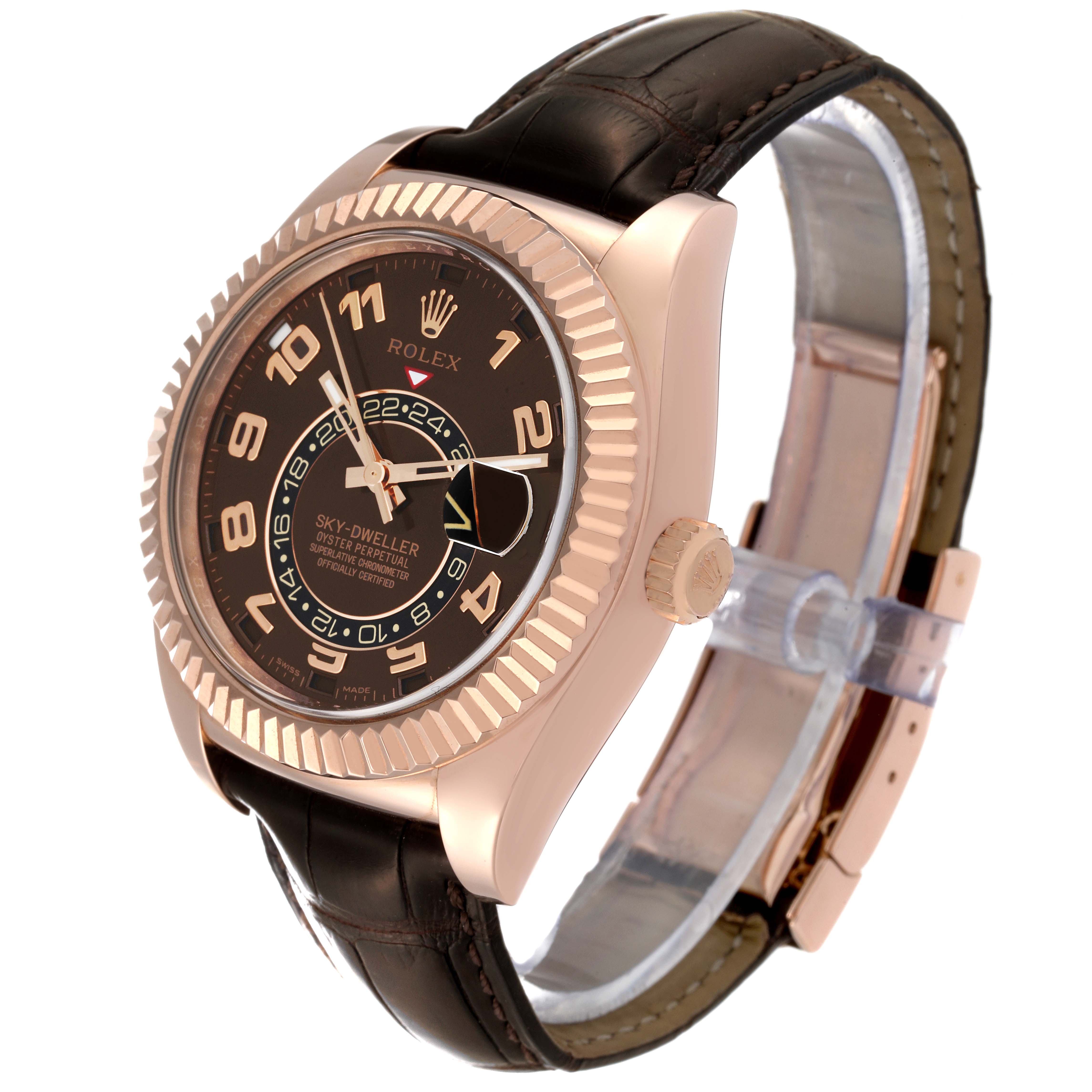 This image shows a side and front angle of a Rolex Sky-Dweller 326135 Men's Rose Gold Brown Dial 326135 Men's Rose Gold Brown Dial watch, highlighting its face, bezel, and leather strap.