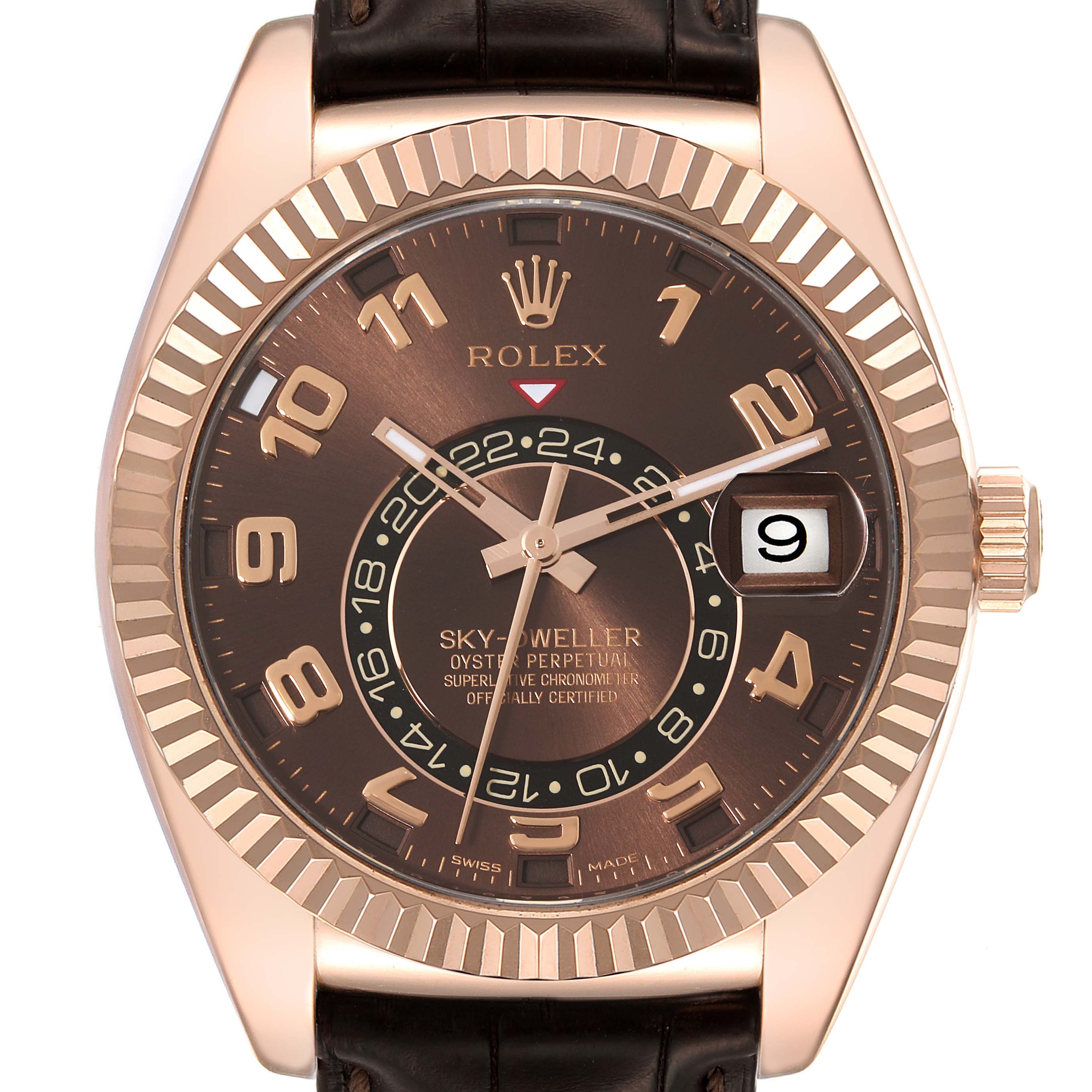 The image shows a front view of a Rolex Sky-Dweller 326135 Men's Rose Gold Brown Dial 326135 Men's Rose Gold Brown Dial watch, highlighting the brown dial, bezel, crown, and date window.