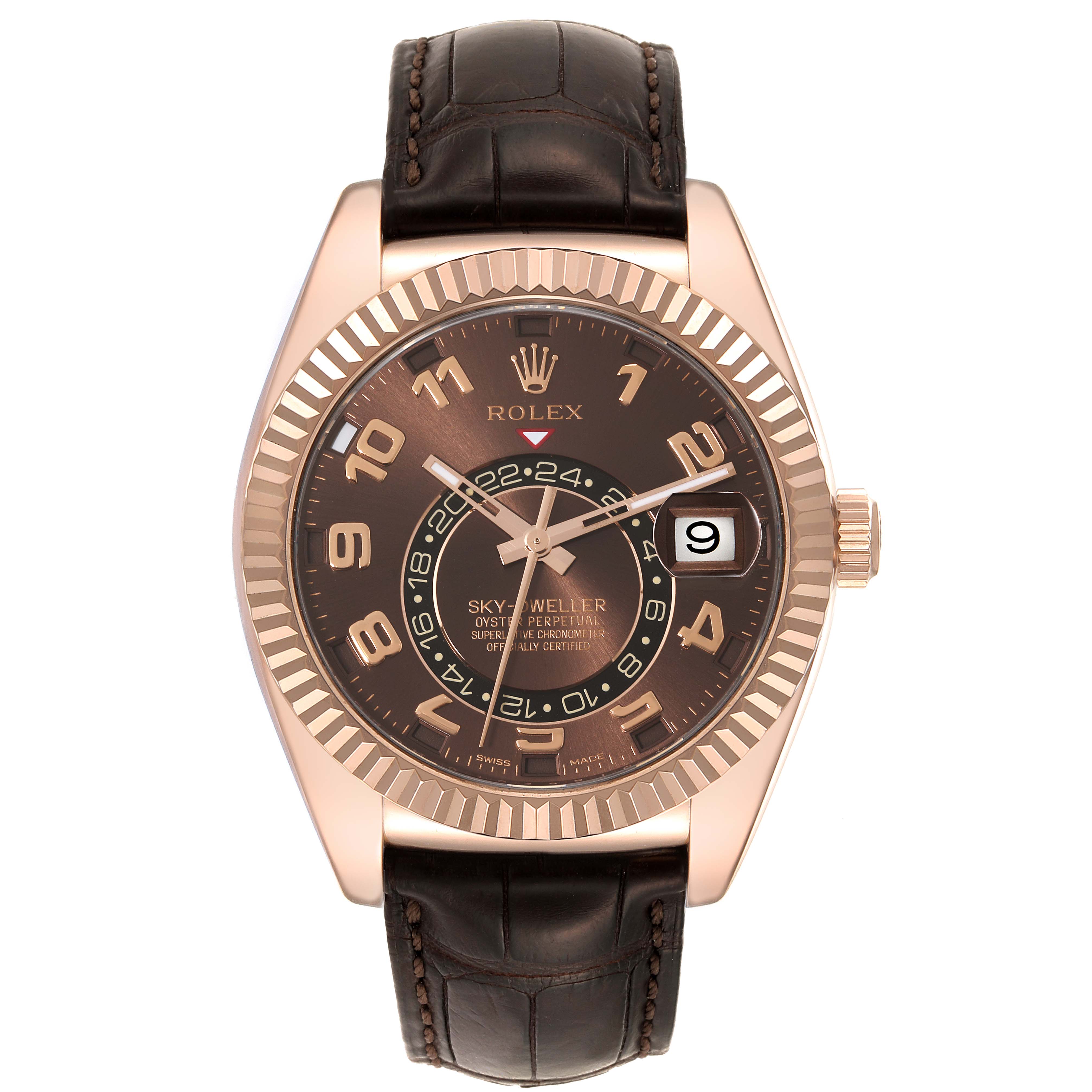 This image shows a front view of a Rolex Sky-Dweller 326135 Men's Rose Gold Brown Dial 326135 Men's Rose Gold Brown Dial watch with a brown dial and leather strap.