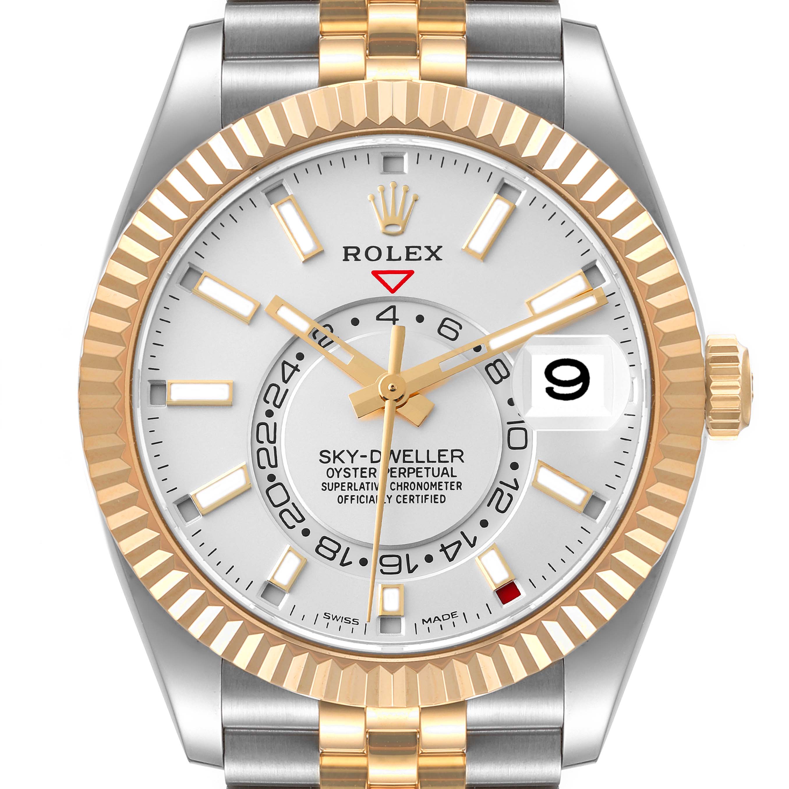 The image shows a front view of a Rolex Sky-Dweller 326933 Men's Steel and Gold (two tone) White Dial 326933 Men's Steel and Gold (two tone) White Dial watch, highlighting its dial, bezel, crown, and part of the bracelet.