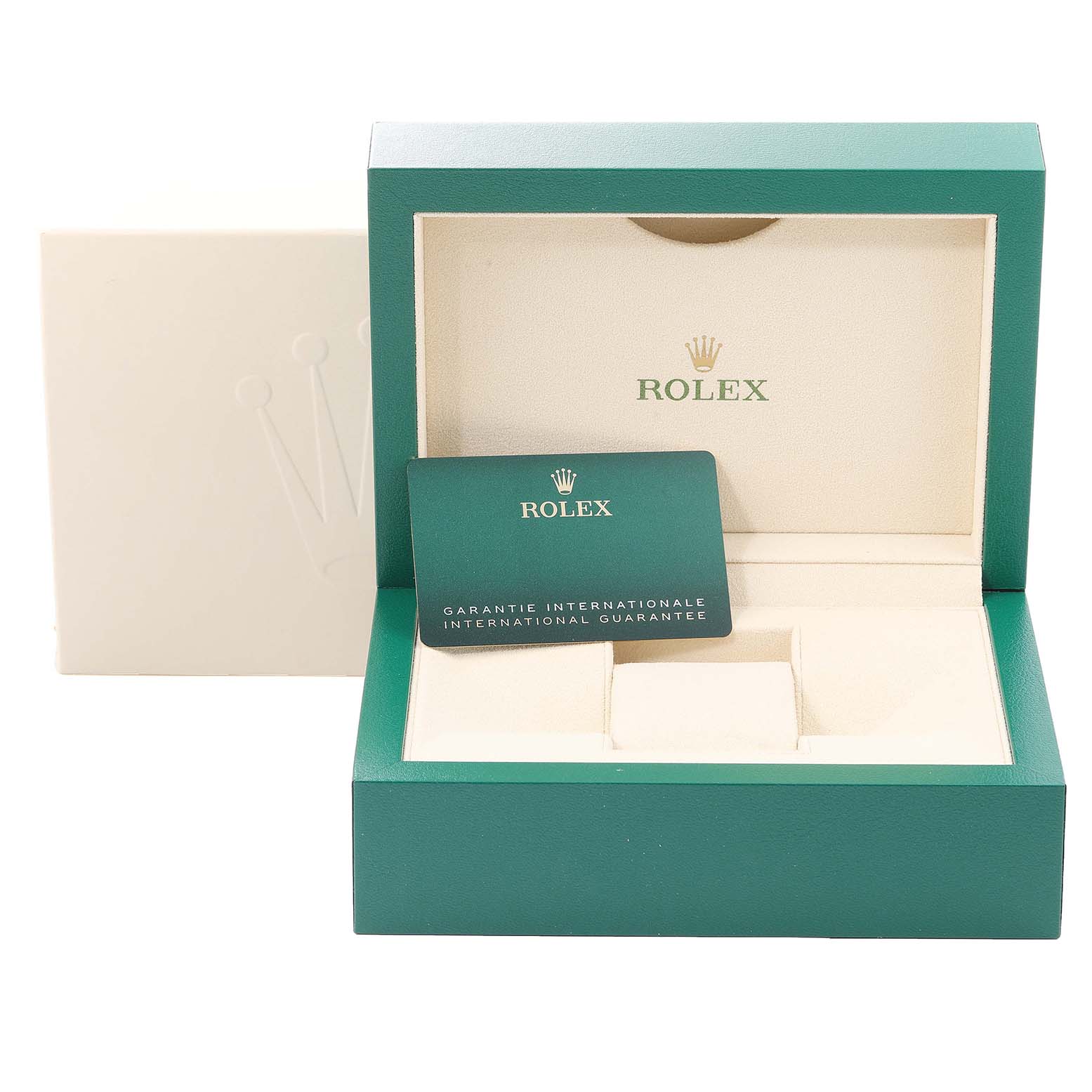 This is an open green Rolex Sky-Dweller 326933 Men's Steel and Gold (two tone) White Dial 326933 Men's Steel and Gold (two tone) White Dial watch box with a separate guarantee card in front of it.