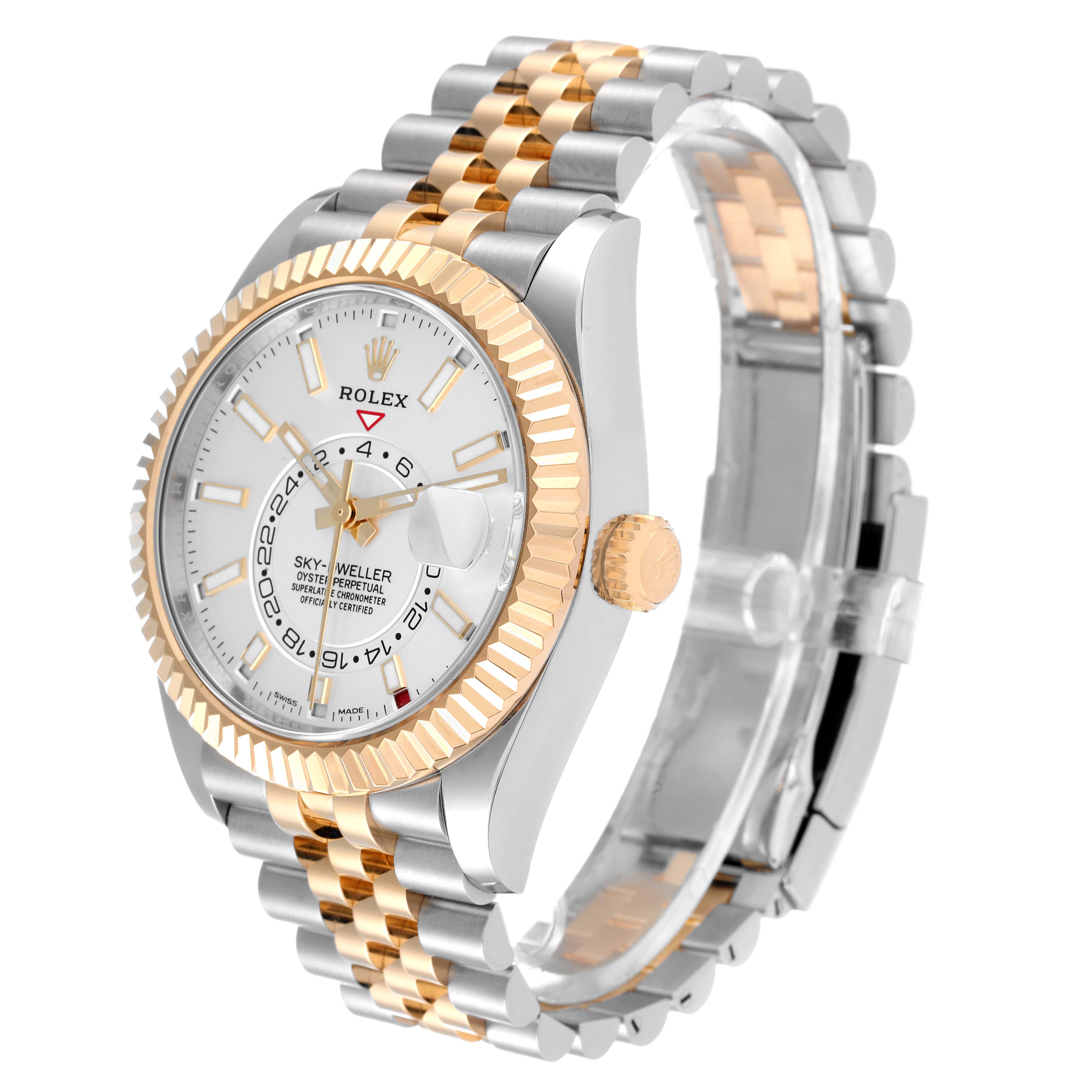 This image shows a Rolex Sky-Dweller 326933 Men's Steel and Gold (two tone) White Dial 326933 Men's Steel and Gold (two tone) White Dial watch at an angled view, featuring the dial, bezel, crown, and part of the bracelet.