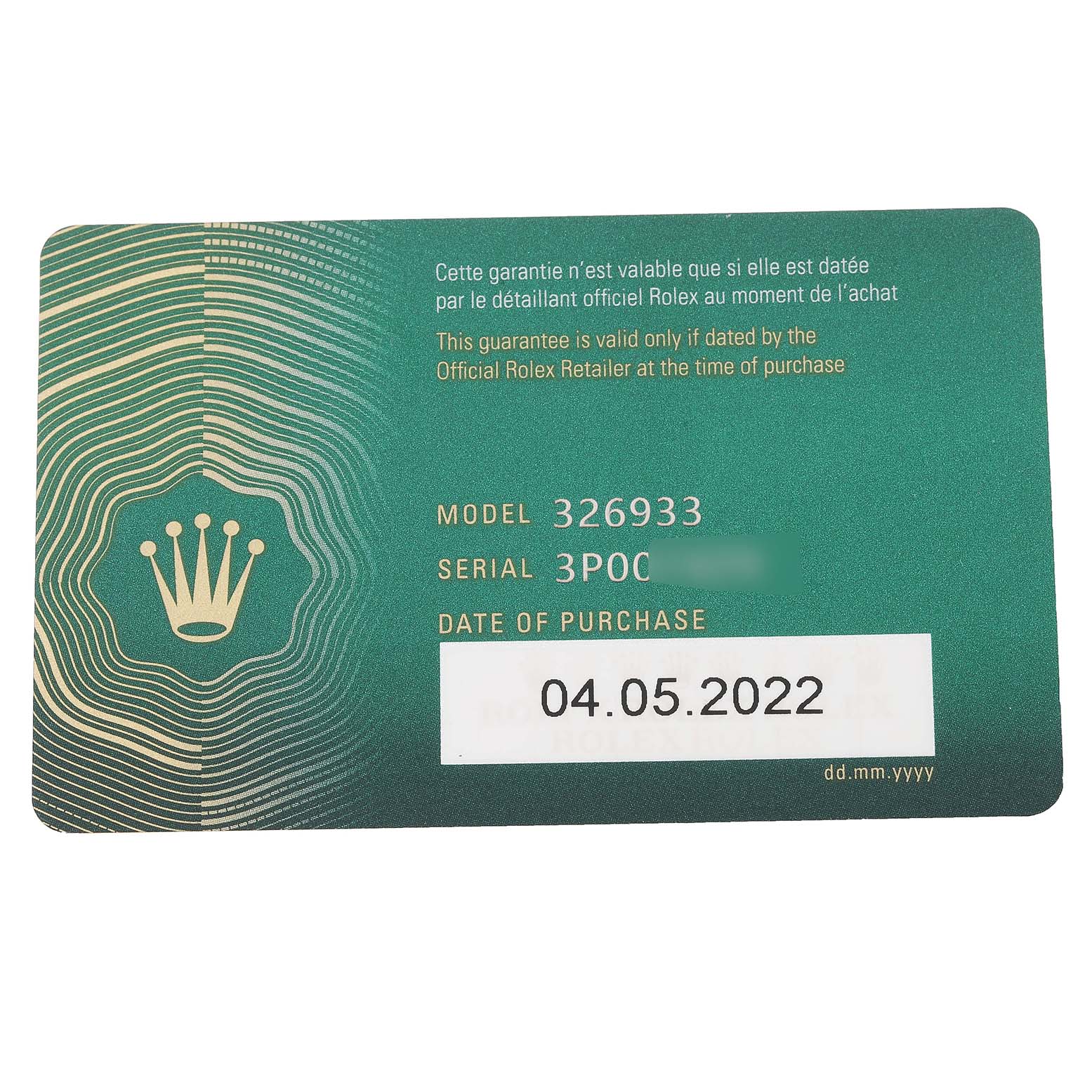 This is a Rolex Sky-Dweller 326933 Men's Steel and Gold (two tone) White Dial 326933 Men's Steel and Gold (two tone) White Dial warranty card showing the model, serial number, and date of purchase.