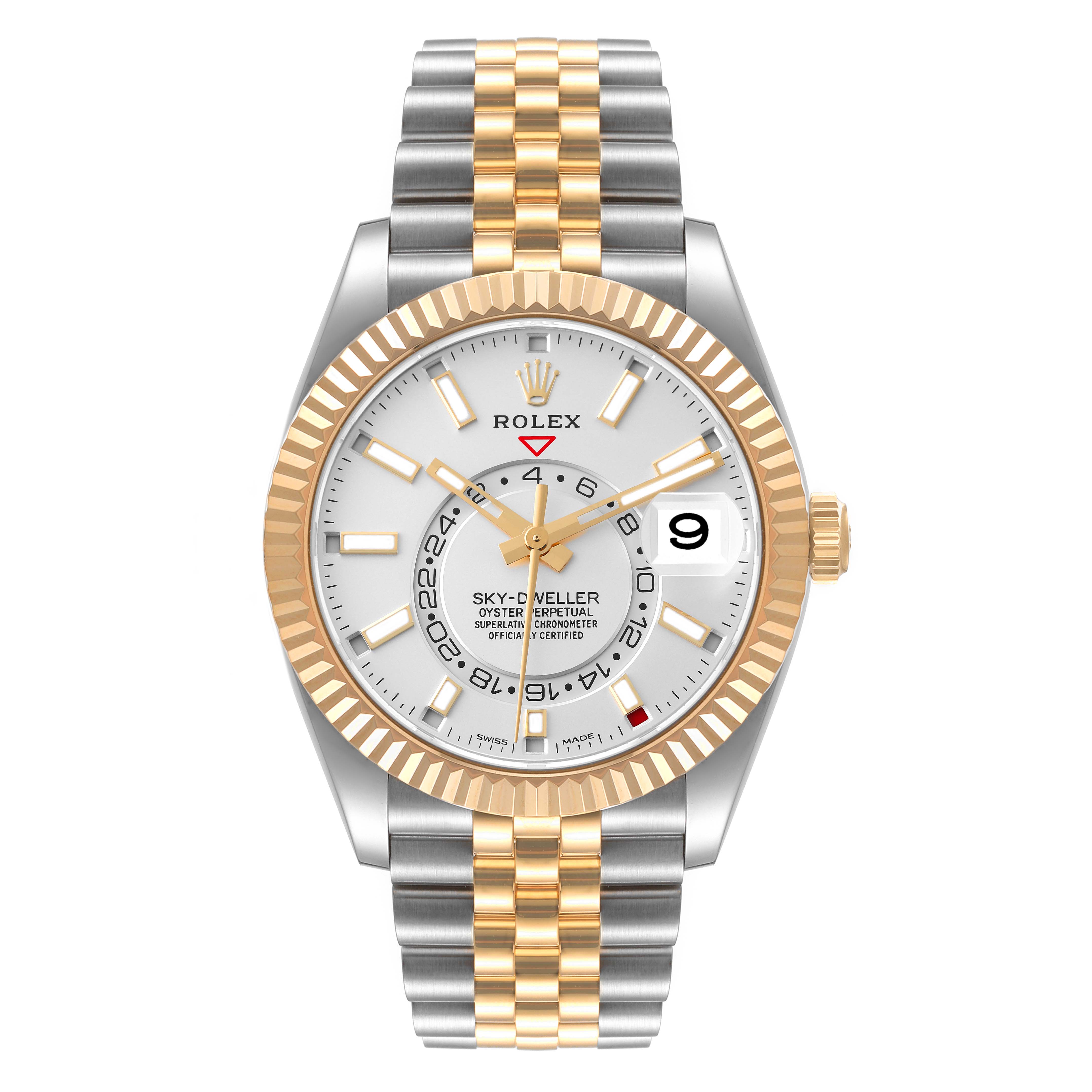 The image shows a Rolex Sky-Dweller 326933 Men's Steel and Gold (two tone) White Dial 326933 Men's Steel and Gold (two tone) White Dial watch from a front angle, featuring a two-tone bracelet, white dial, and fluted gold bezel.
