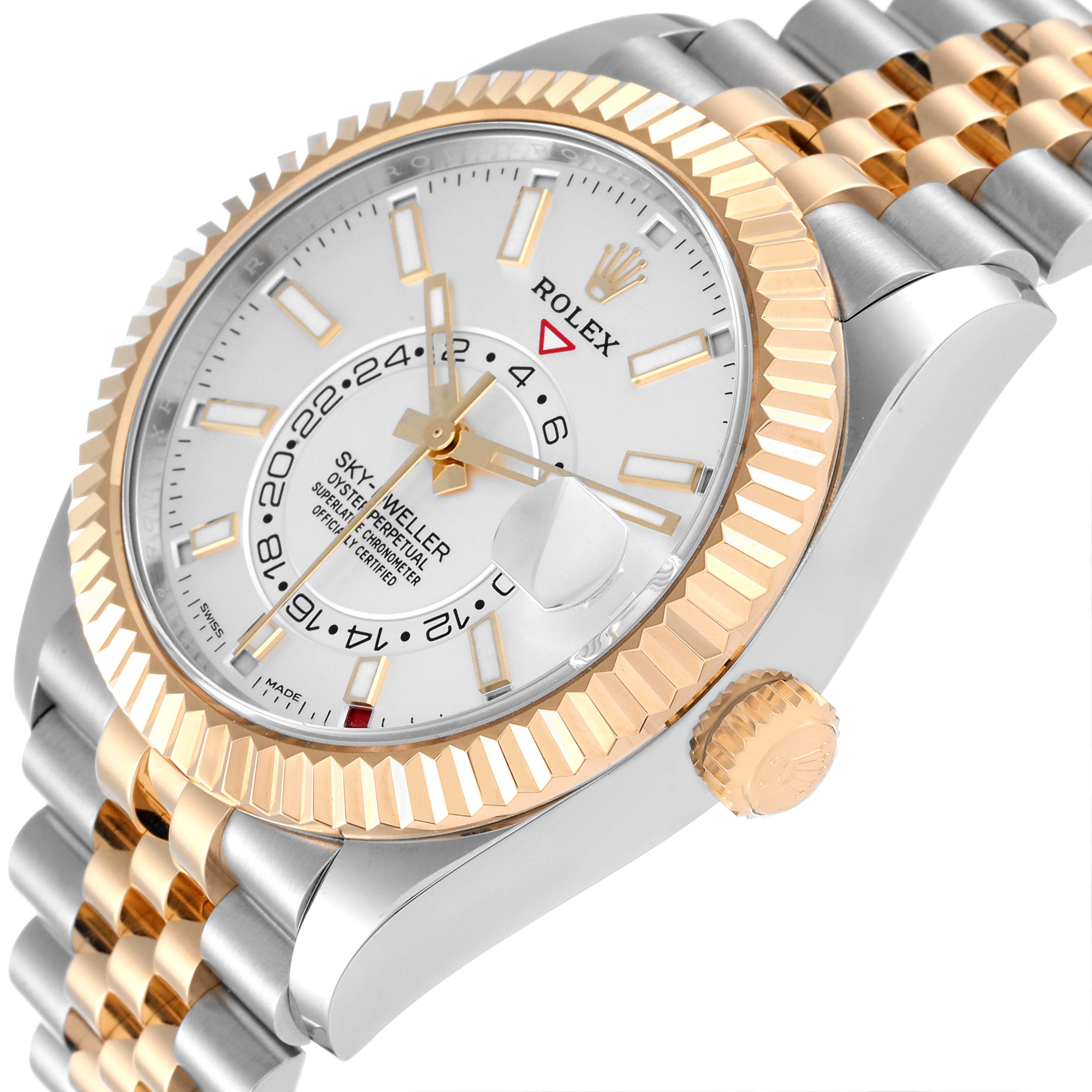 This image shows a Rolex Sky-Dweller 326933 Men's Steel and Gold (two tone) White Dial 326933 Men's Steel and Gold (two tone) White Dial watch at a three-quarter angle, highlighting the face, bezel, and part of the band and crown.