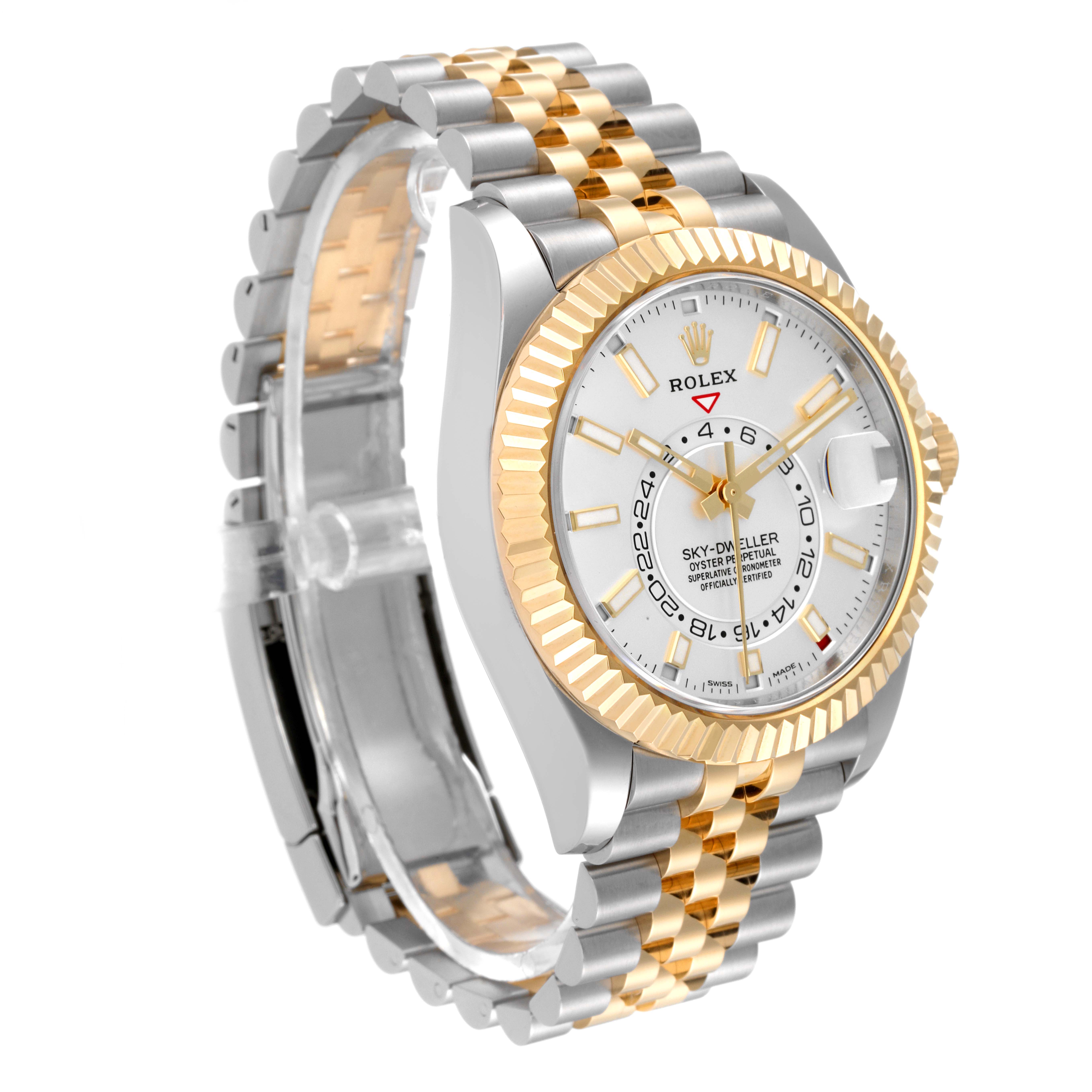 The Rolex Sky-Dweller 326933 Men's Steel and Gold (two tone) White Dial 326933 Men's Steel and Gold (two tone) White Dial watch is shown at a front-left angle highlighting the face, bezel, and bracelet.
