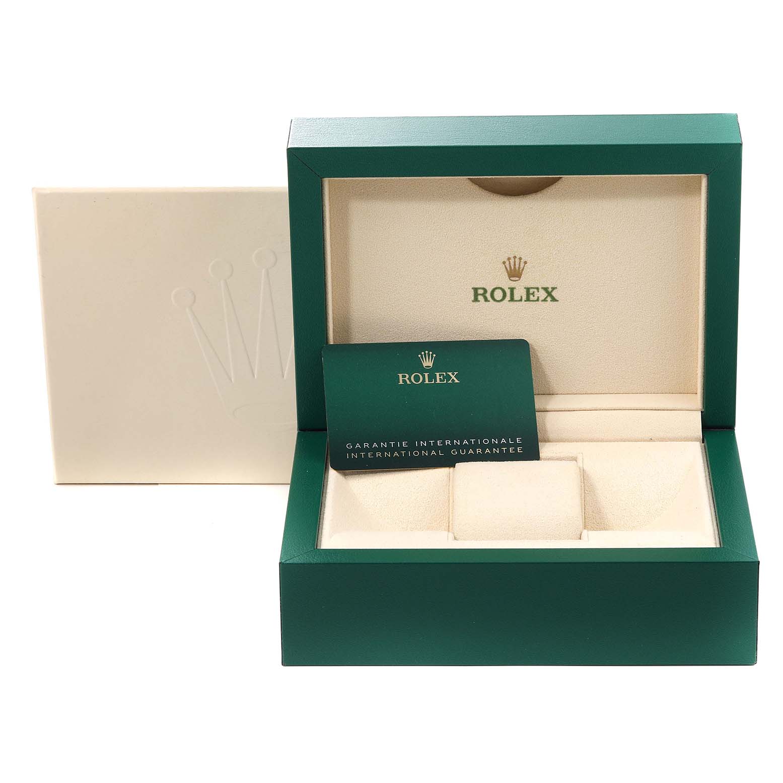 The image shows an open green and cream Rolex Submariner 126610 Men
s Stainless Steel Black Dial 126610 Men
s Stainless Steel Black Dial watch box with an international guarantee card inside.