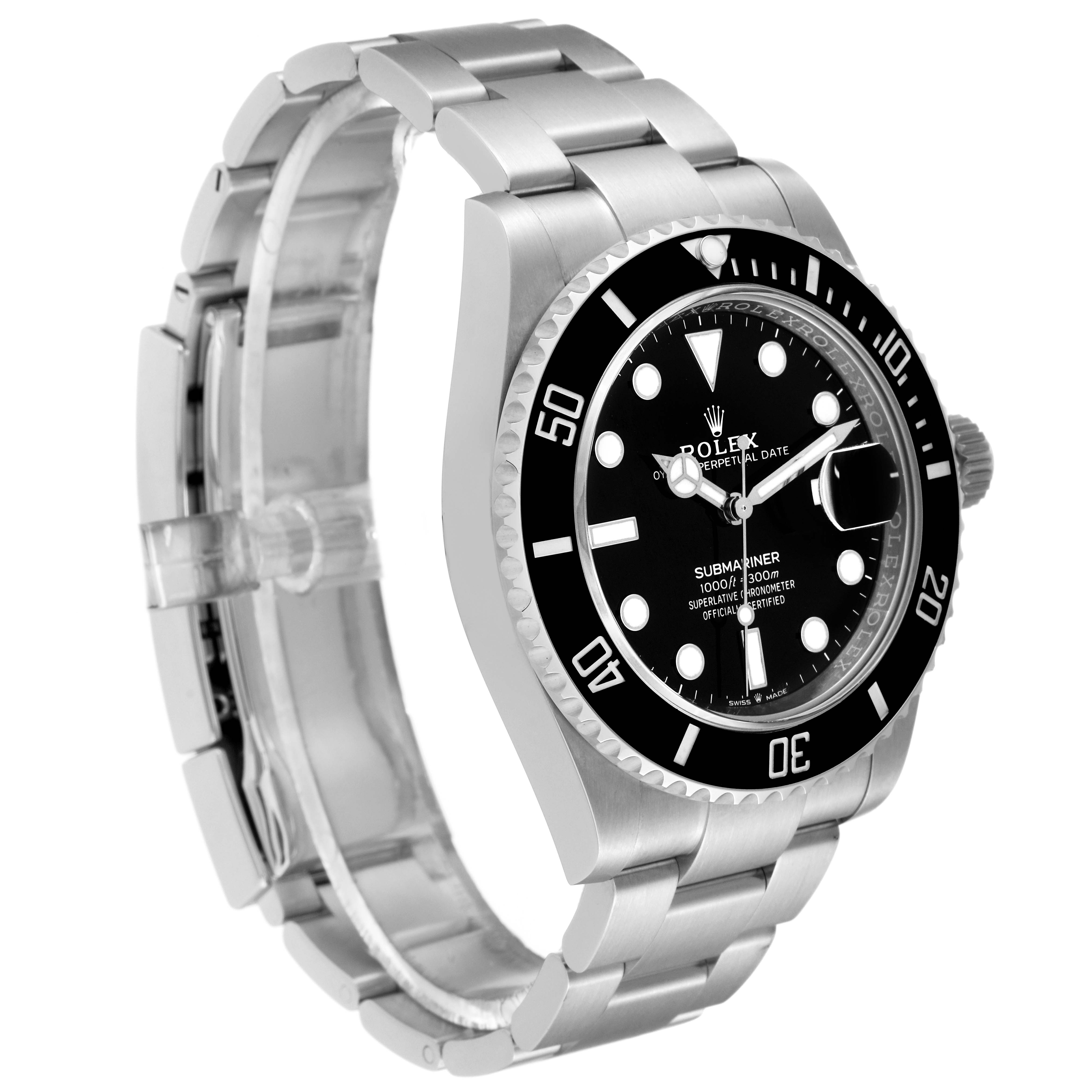 The image shows a side and slightly angled view of a Rolex Submariner 126610 Men
s Stainless Steel Black Dial 126610 Men
s Stainless Steel Black Dial, featuring its dial, bezel, case, and bracelet.