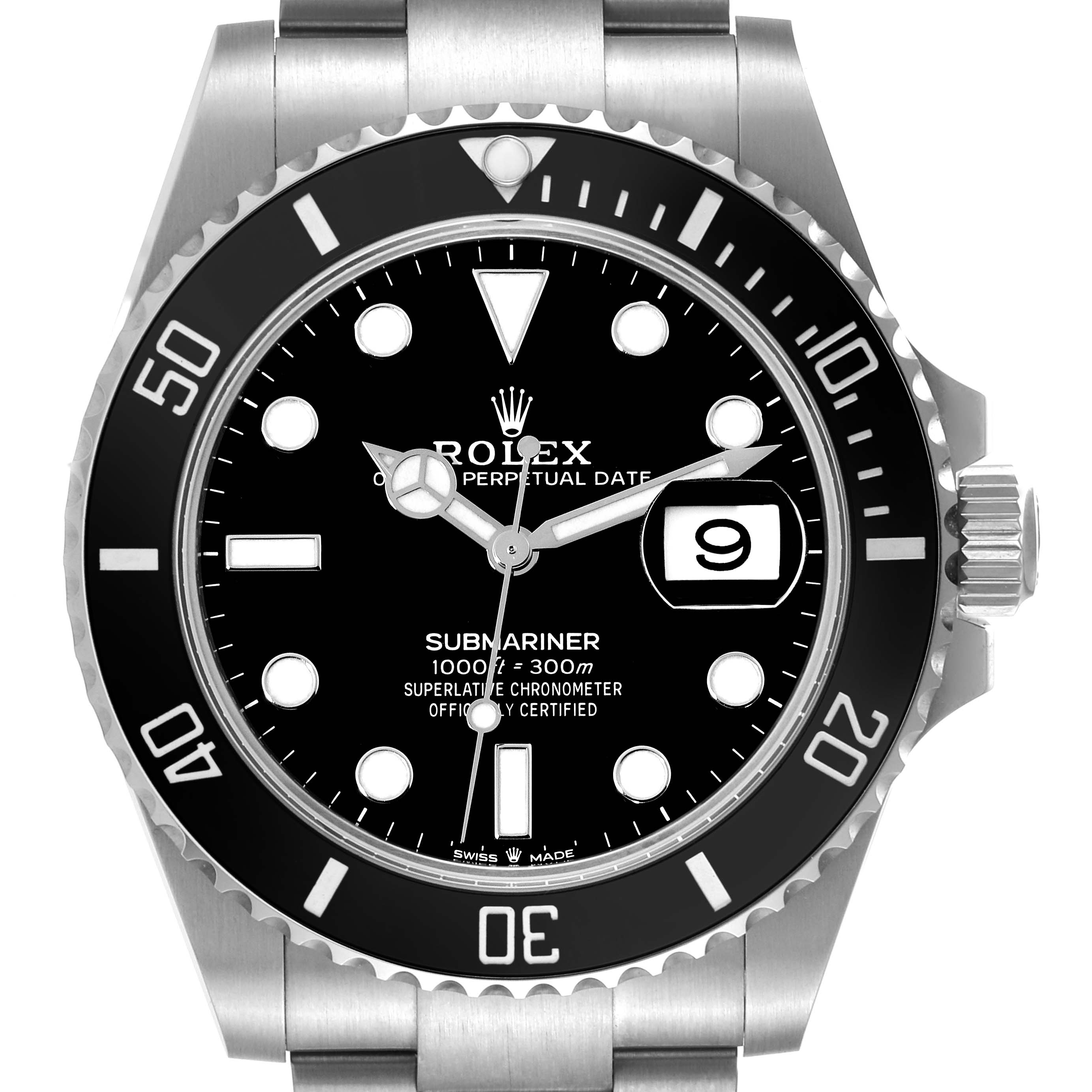 The image shows the front view of a Rolex Submariner 126610 Men
s Stainless Steel Black Dial 126610 Men
s Stainless Steel Black Dial, highlighting the dial, bezel, date window, and crown.
