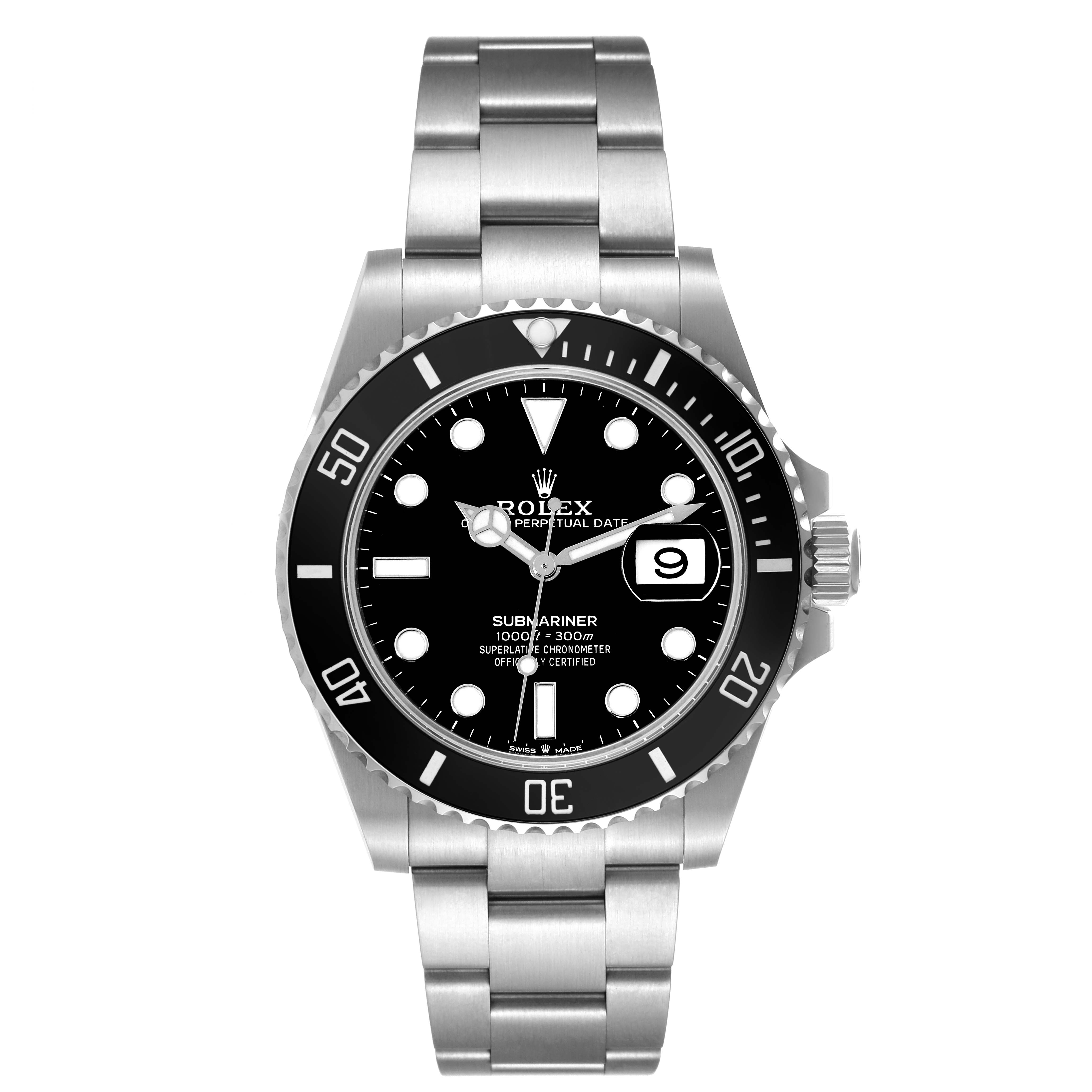 The image shows a front-facing view of a Rolex Submariner 126610 Men
s Stainless Steel Black Dial 126610 Men
s Stainless Steel Black Dial, highlighting its black dial, bezel, and stainless steel bracelet.