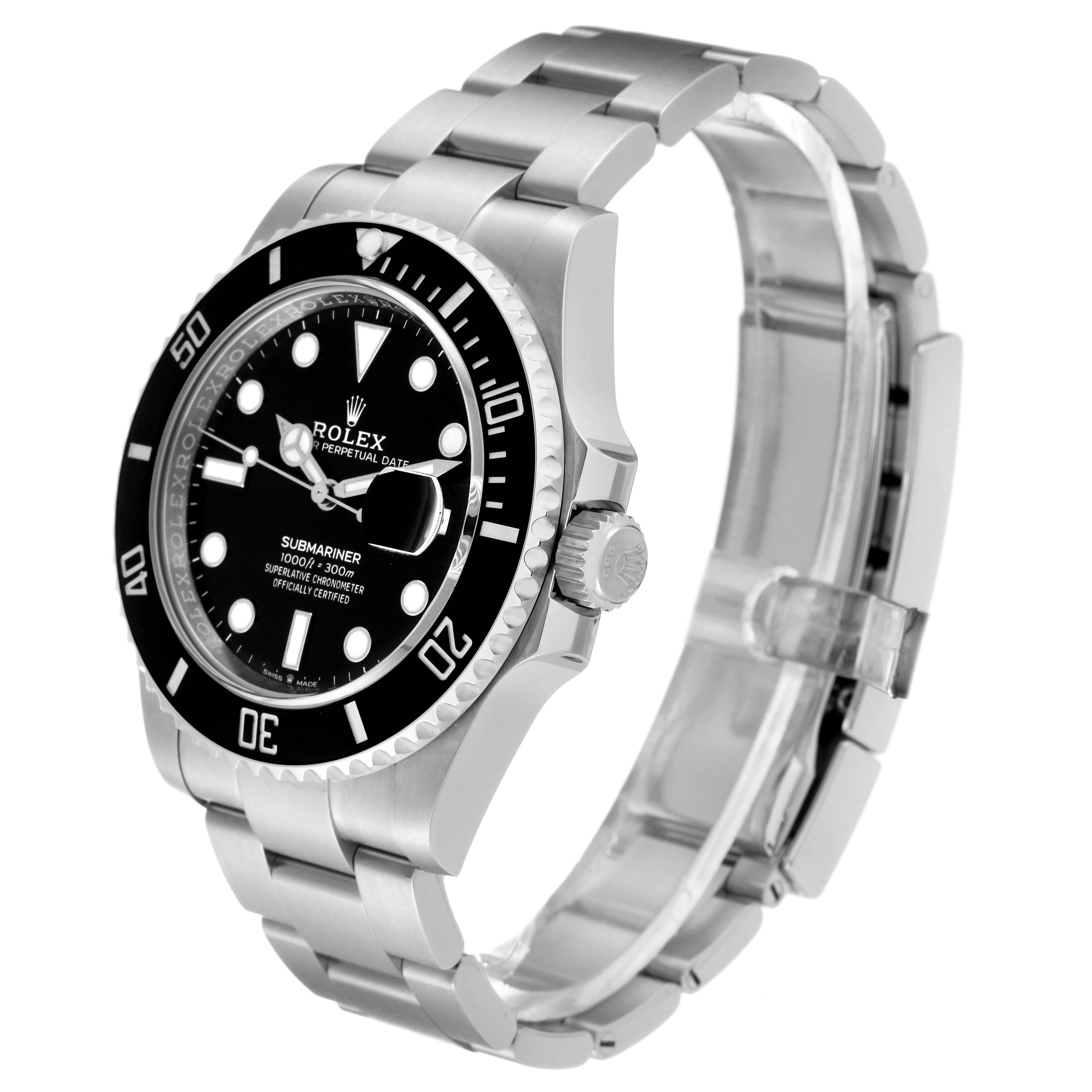 The image shows a side and front angle of a Rolex Submariner 126610 Men
s Stainless Steel Black Dial 126610 Men
s Stainless Steel Black Dial model watch, highlighting its bracelet, bezel, and crown.