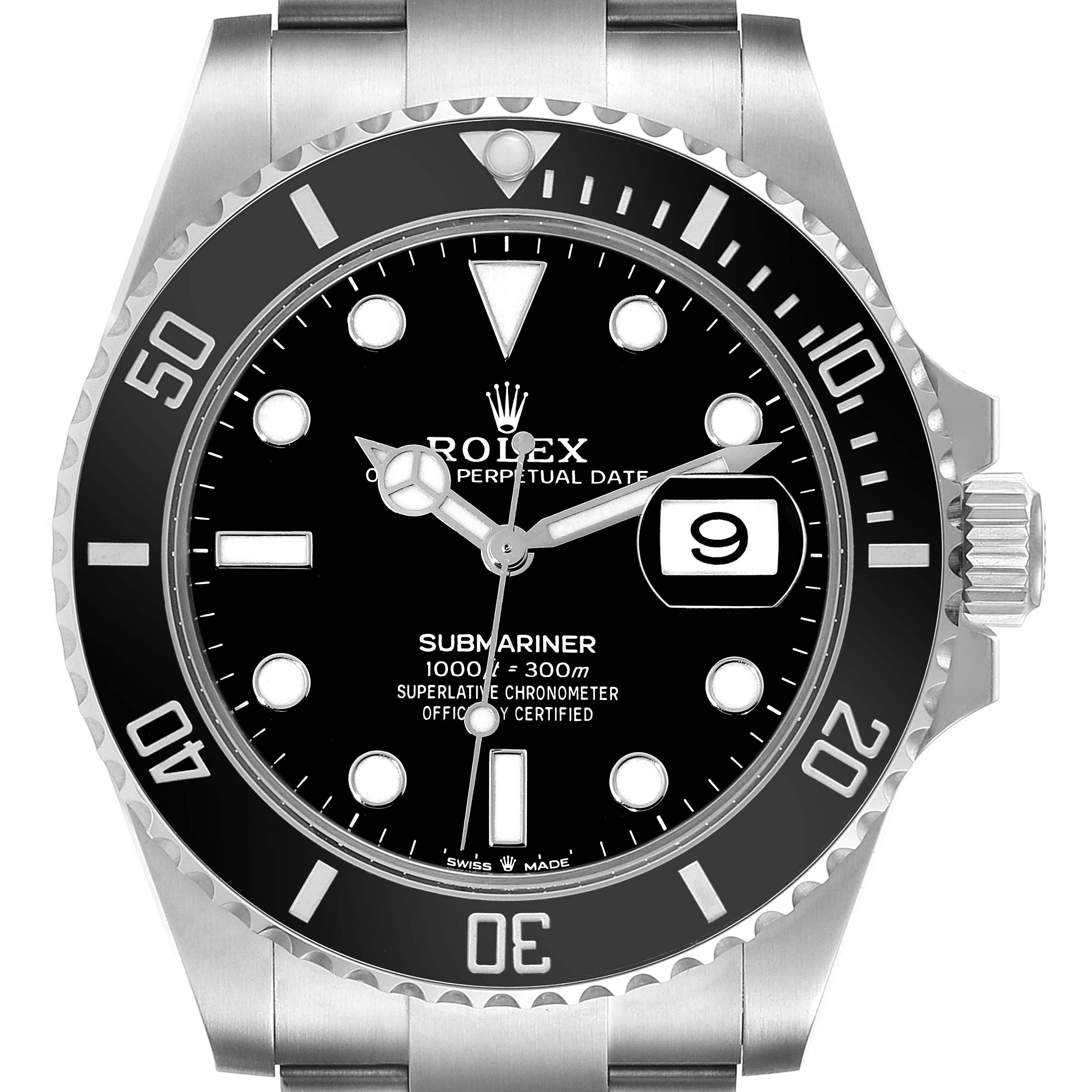 The image shows a frontal view of a Rolex Submariner 126610 Men
s Stainless Steel Black Dial 126610 Men
s Stainless Steel Black Dial watch, highlighting the black dial, bezel, date window, and stainless steel bracelet.