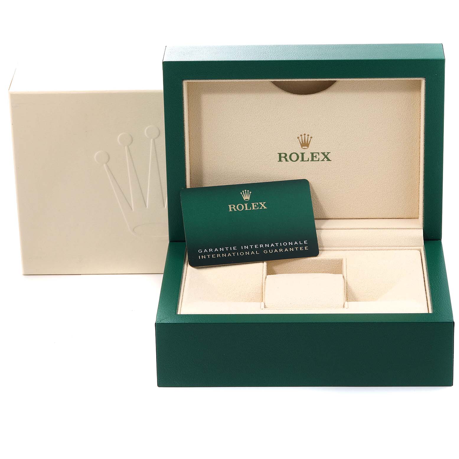 The image shows a Rolex Submariner 126610 Men
s Stainless Steel Black Dial 126610 Men
s Stainless Steel Black Dial box, warranty card, and inner cushioned area with the Rolex logo.