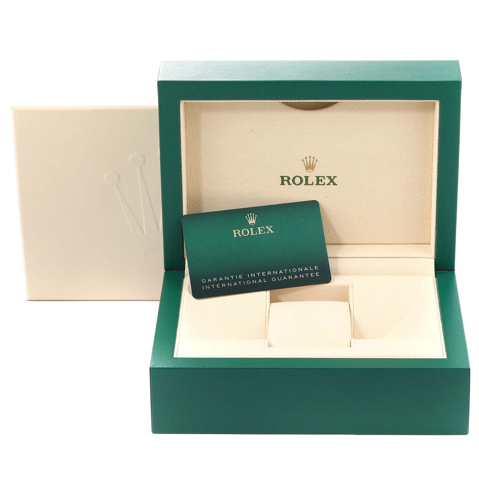 The image shows an open Rolex Submariner 126610 Men's Stainless Steel Black Dial 126610 Men's Stainless Steel Black Dial box with an international guarantee card inside.