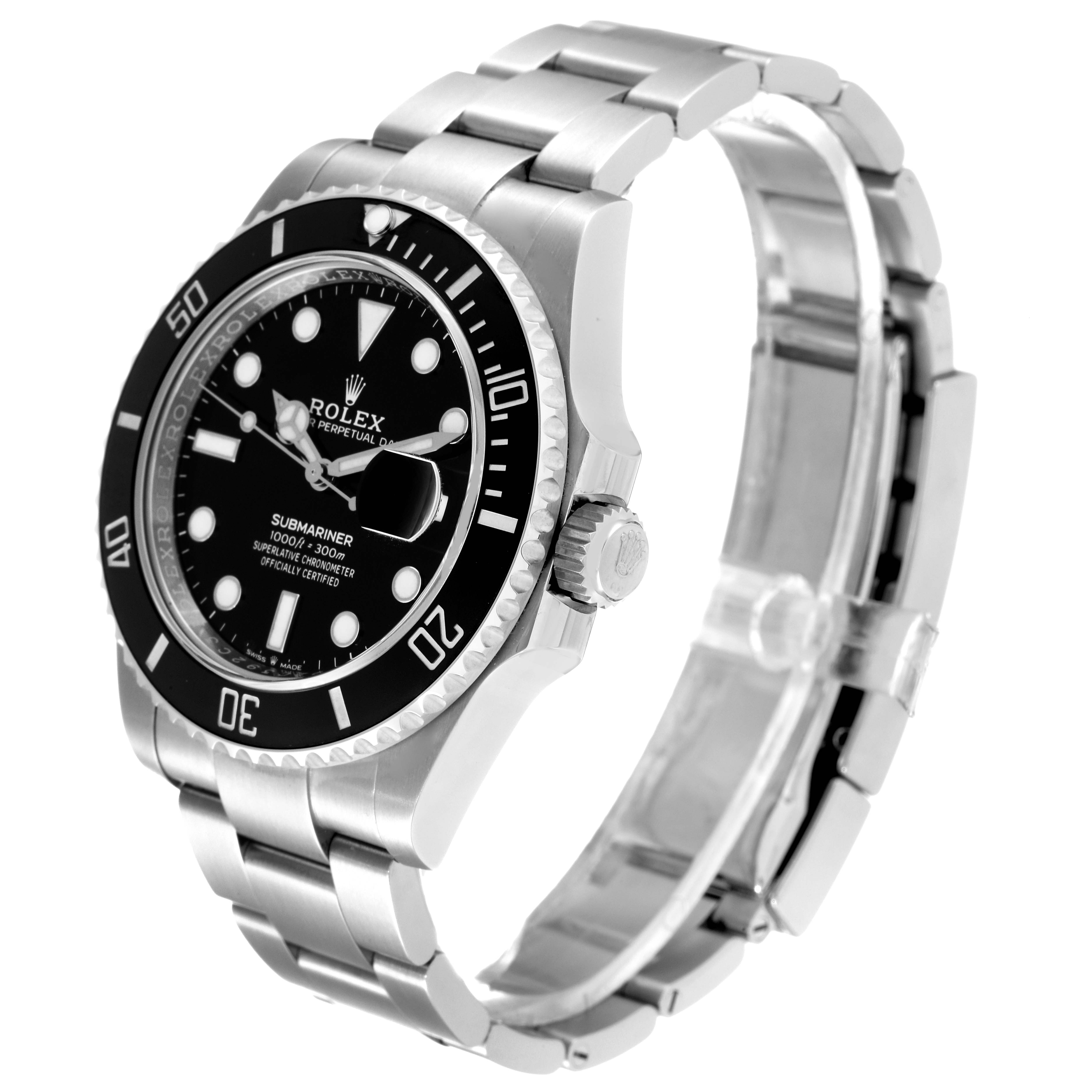 The image shows a Rolex Submariner 126610 Men's Stainless Steel Black Dial 126610 Men's Stainless Steel Black Dial watch from an angled side view, displaying its dial, bezel, and part of the metal bracelet.