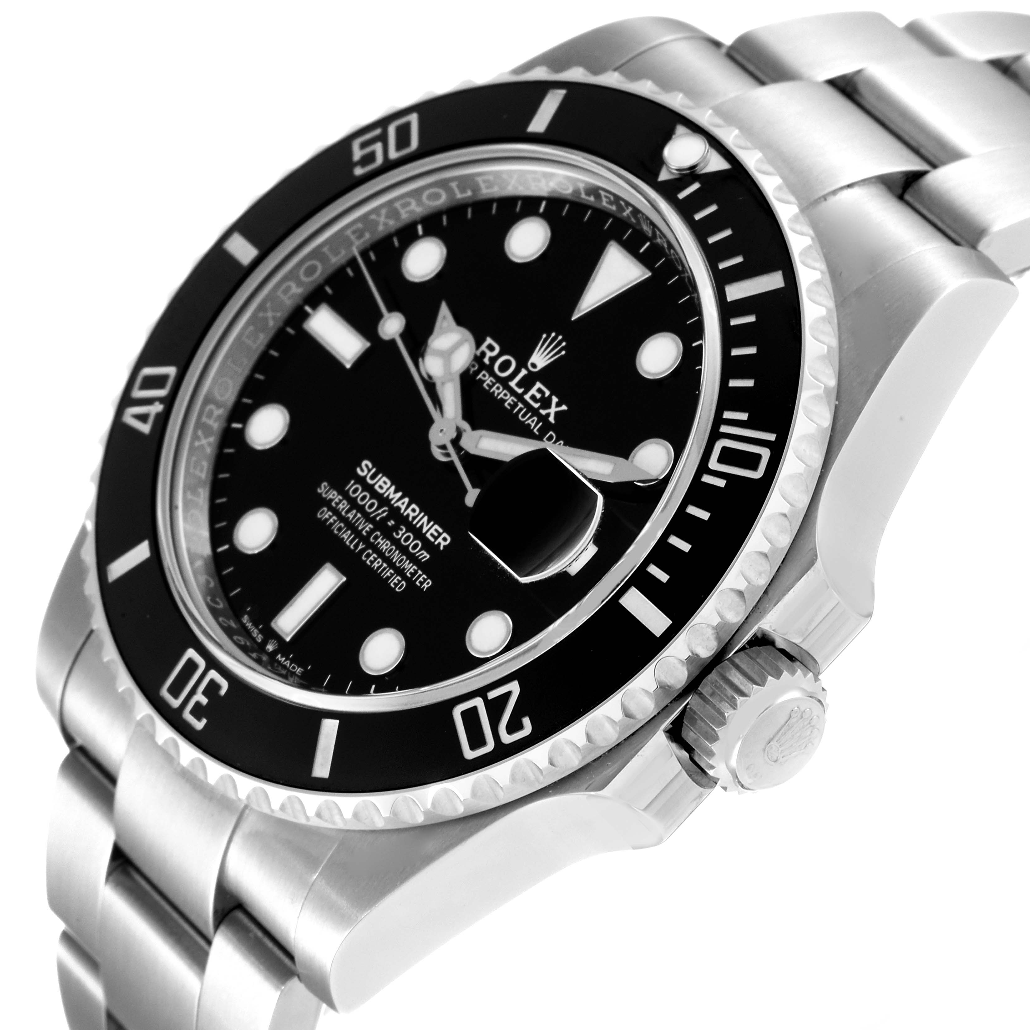 The image shows a close-up angled view of the Rolex Submariner 126610 Men's Stainless Steel Black Dial 126610 Men's Stainless Steel Black Dial watch face, bezel, and some bracelet links.