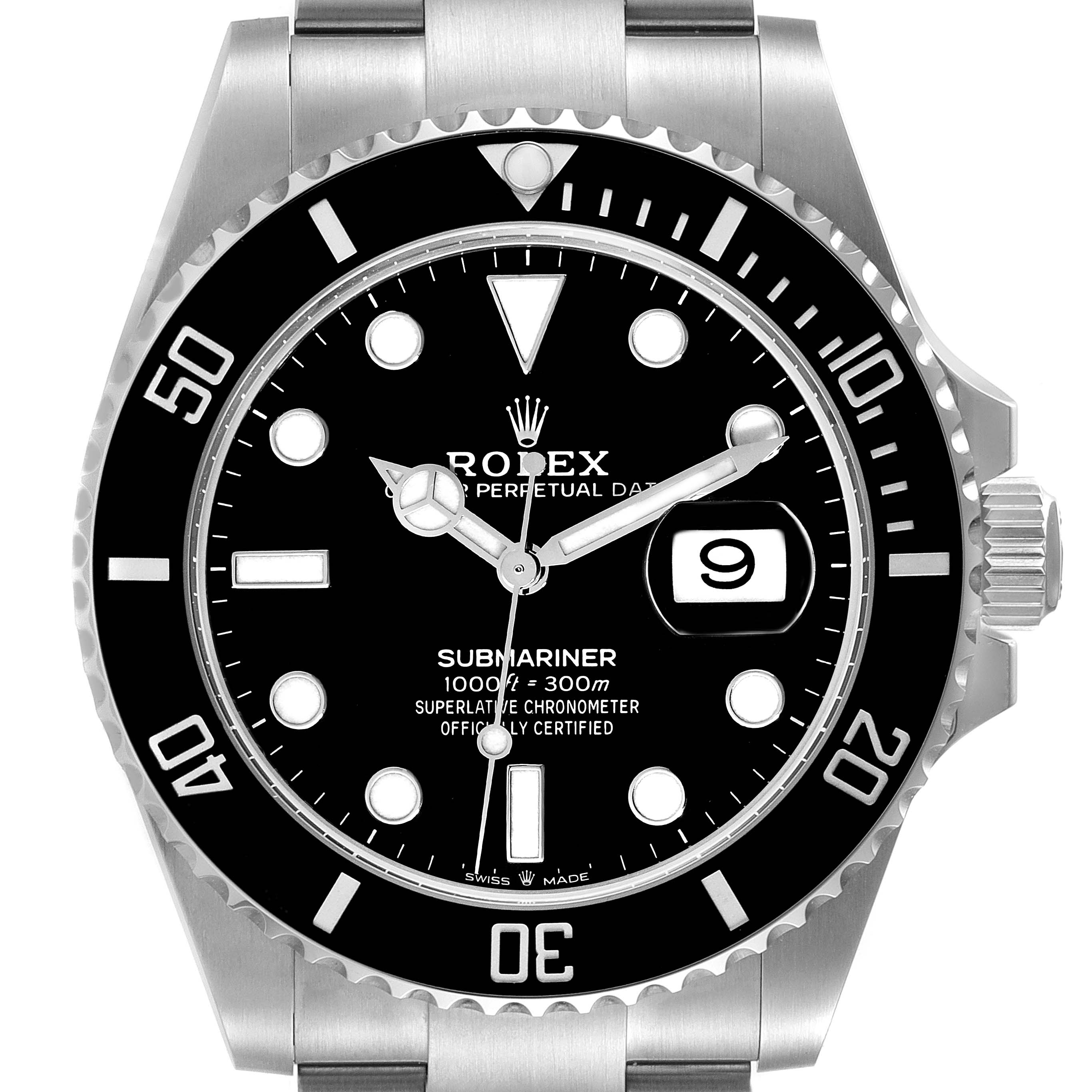 The image shows a front view of the Rolex Submariner 126610 Men's Stainless Steel Black Dial 126610 Men's Stainless Steel Black Dial watch, highlighting the dial, bezel, and bracelet.