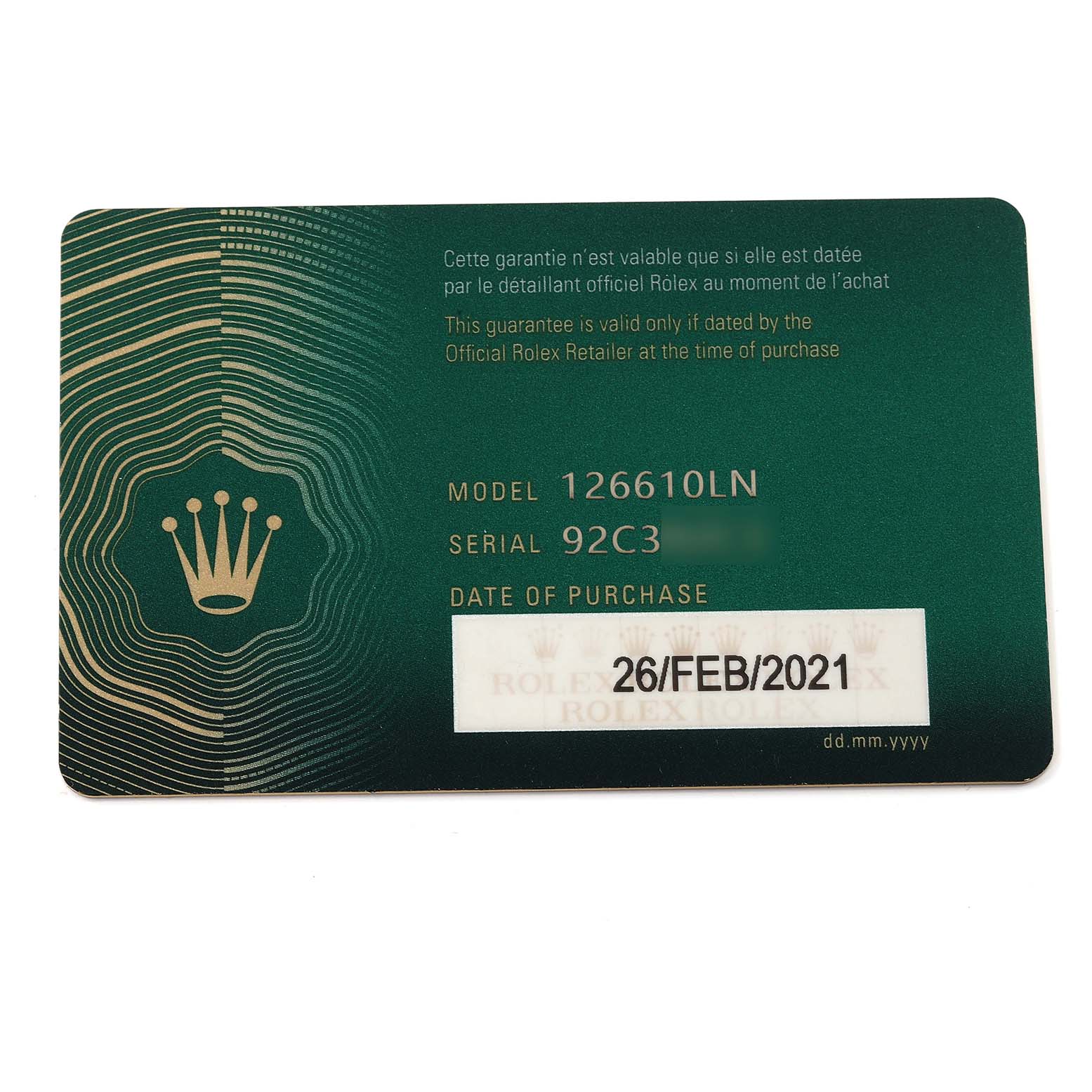 This image shows the warranty card for a Rolex Submariner 126610 Men's Stainless Steel Black Dial 126610 Men's Stainless Steel Black Dial model 126610LN with the date of purchase as 26/FEB/2021.