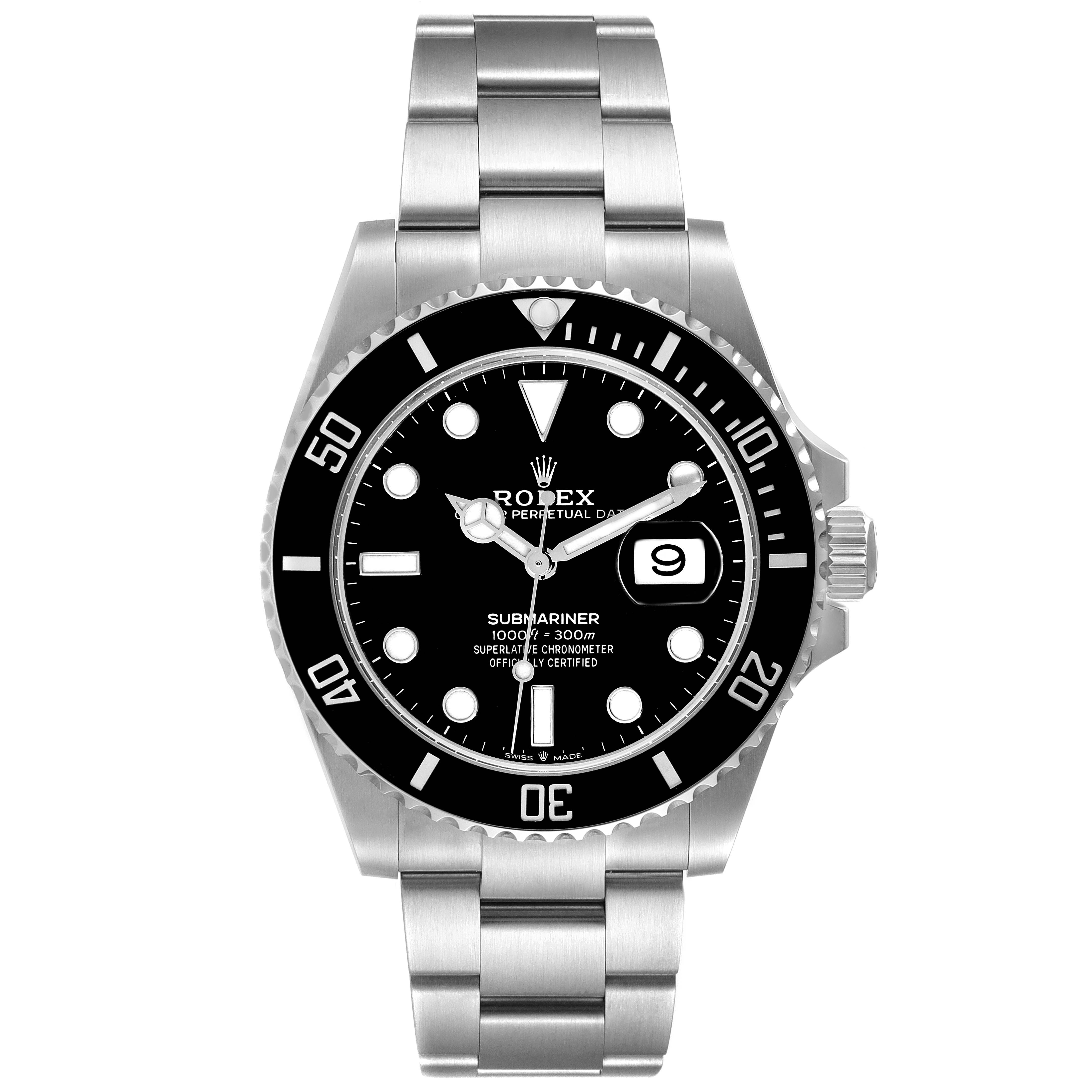 The image shows a front view of a Rolex Submariner 126610 Men's Stainless Steel Black Dial 126610 Men's Stainless Steel Black Dial watch, displaying the dial, bezel, hands, and bracelet.