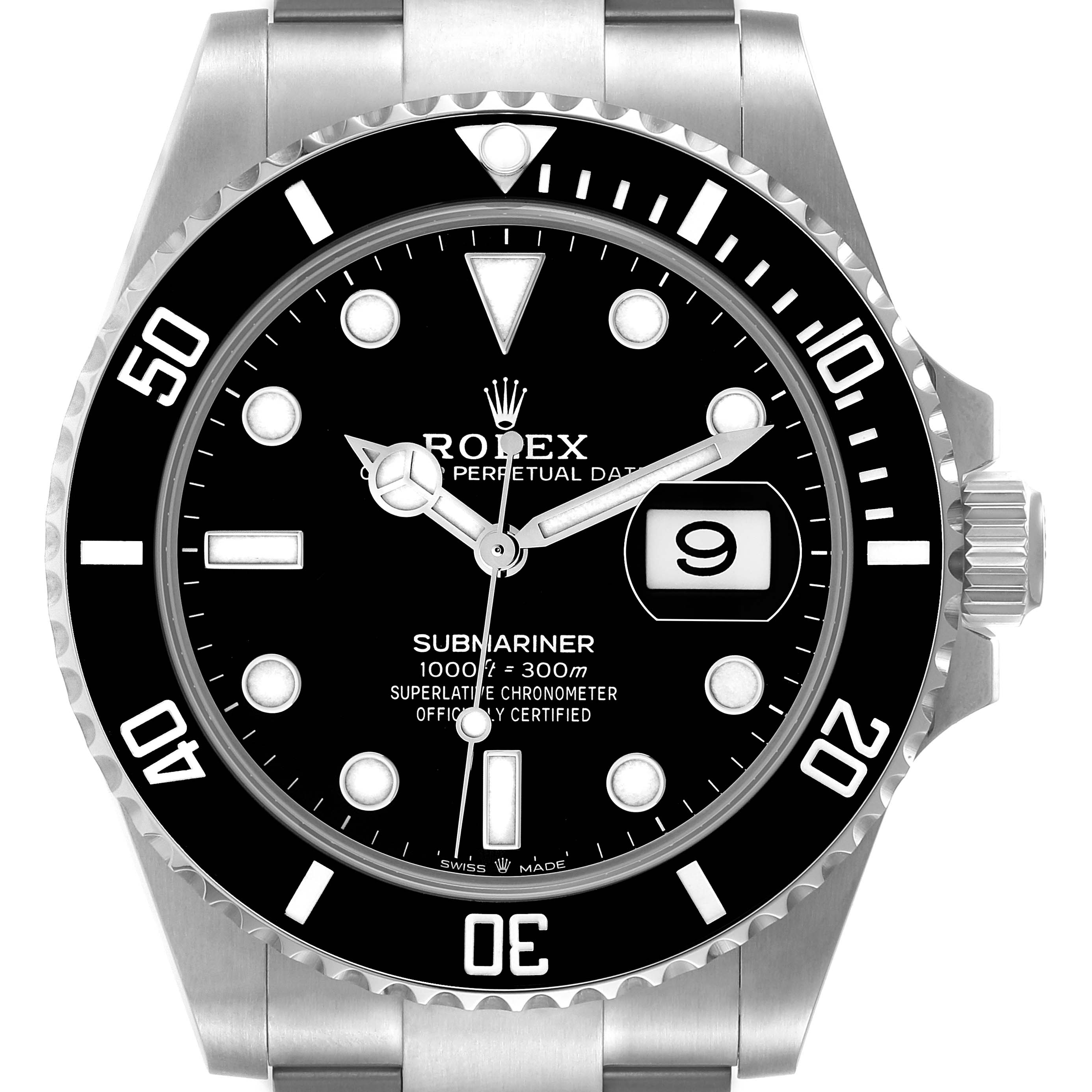 This is a front view of a Rolex Submariner 126610 Men
s Stainless Steel Black Dial 126610 Men
s Stainless Steel Black Dial watch displaying the dial, bezel, crown, and part of the bracelet.