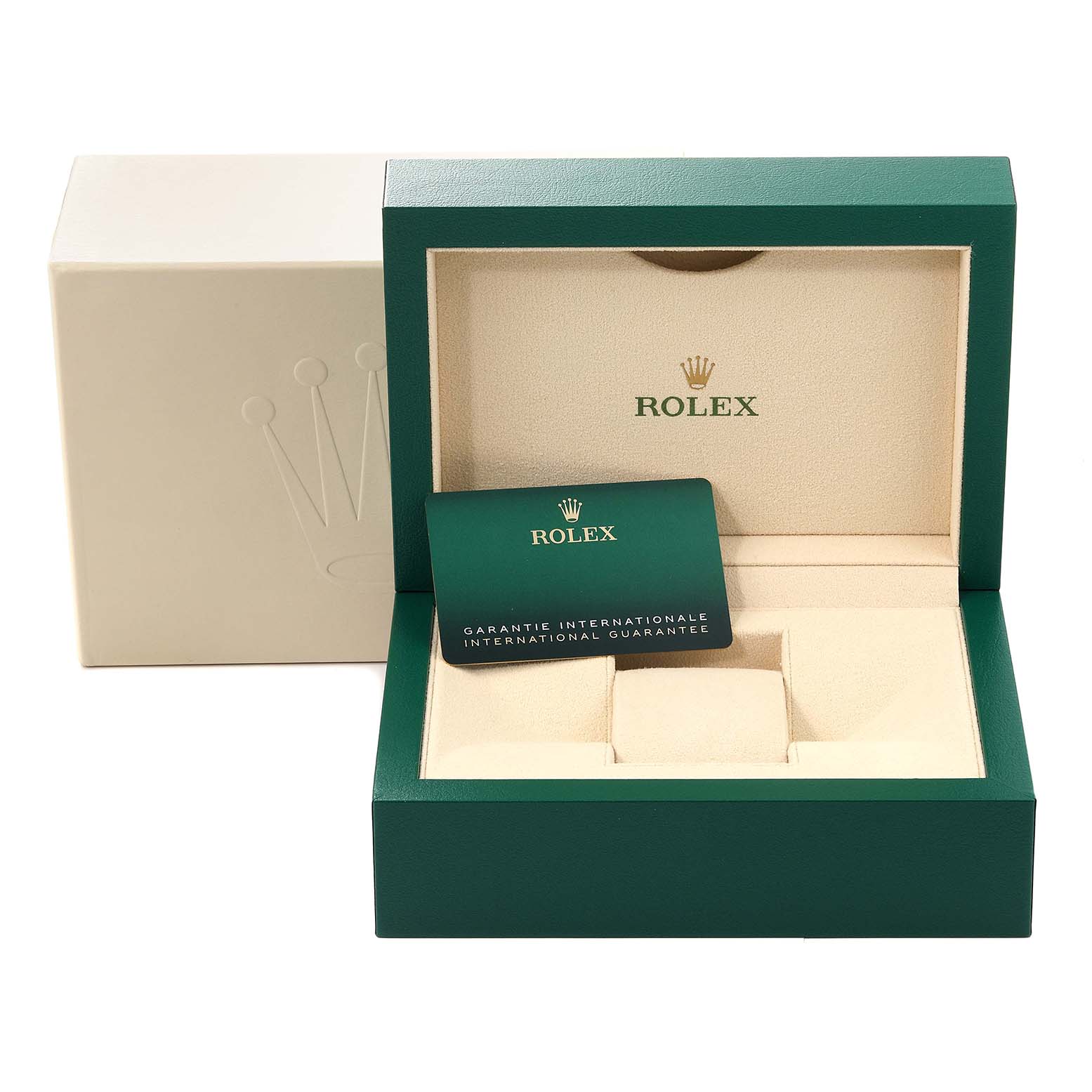 The image shows a Rolex Submariner 126610 Men
s Stainless Steel Black Dial 126610 Men
s Stainless Steel Black Dial box set, including the outer box, inner display case, and an international guarantee card.