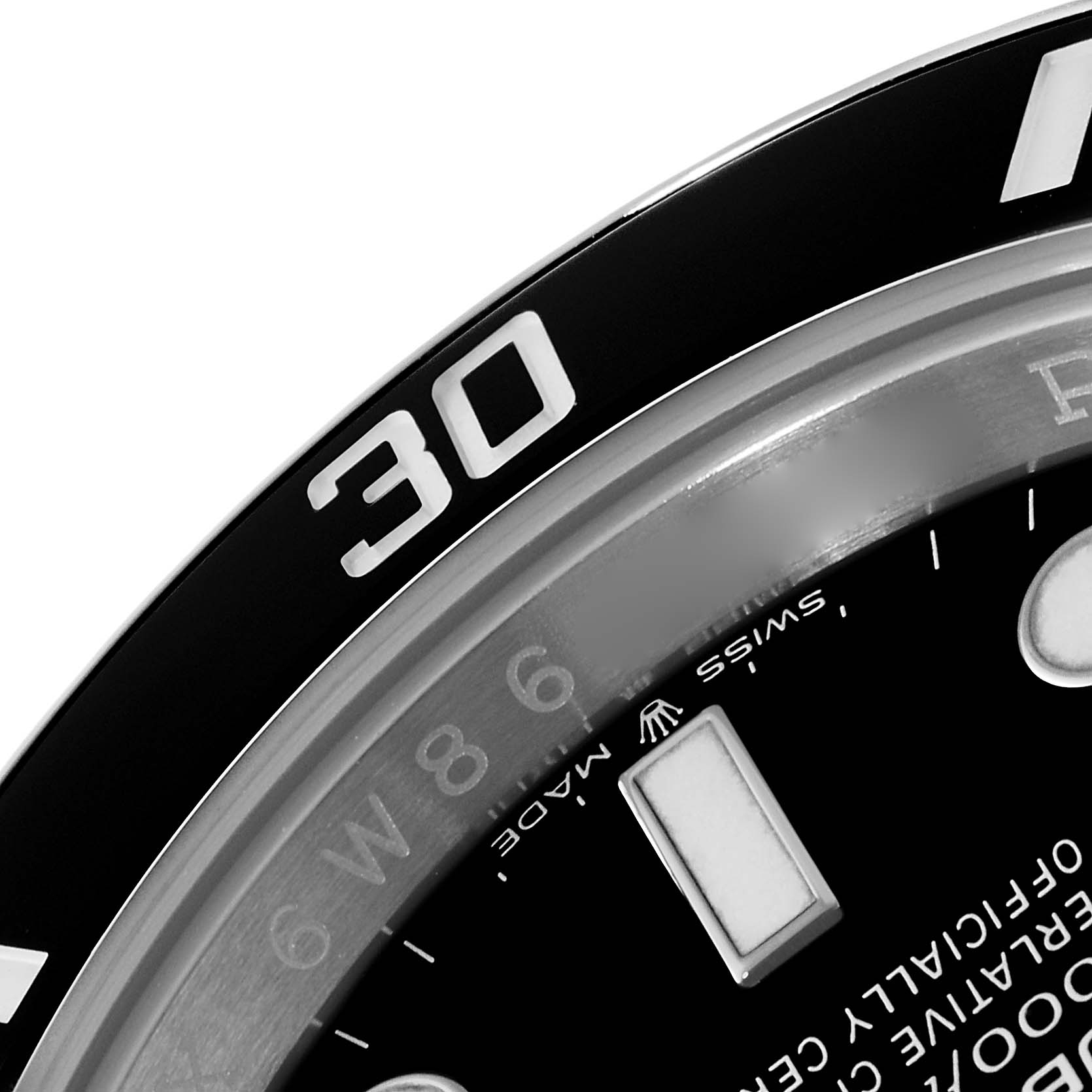 The image shows a close-up of the bezel and part of the dial of a Rolex Submariner 126610 Men
s Stainless Steel Black Dial 126610 Men
s Stainless Steel Black Dial watch, highlighting the "30" minute marker.