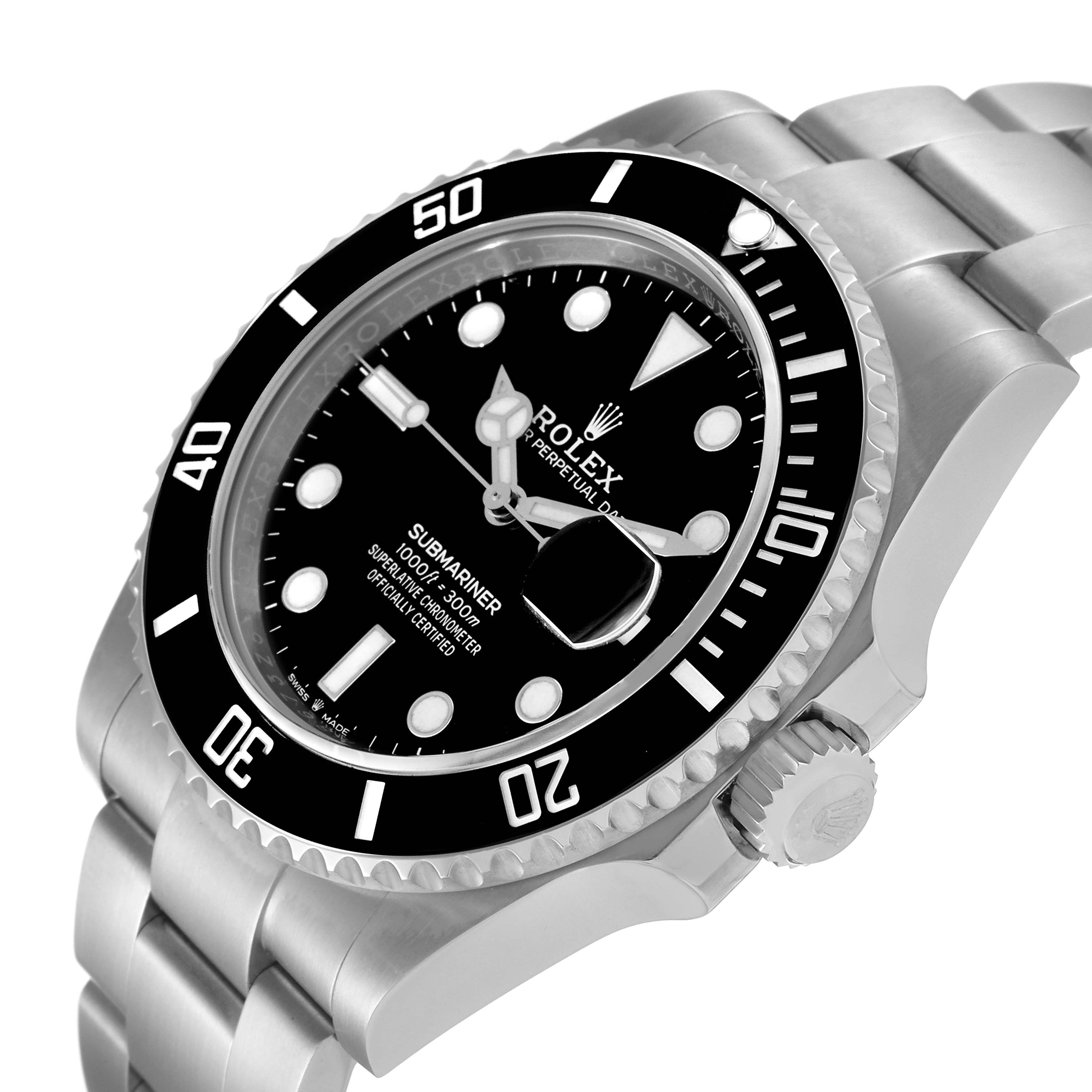 This image shows a close-up angled view of a Rolex Submariner 126610 Men
s Stainless Steel Black Dial 126610 Men
s Stainless Steel Black Dial watch, highlighting the dial, bezel, crown, and bracelet.