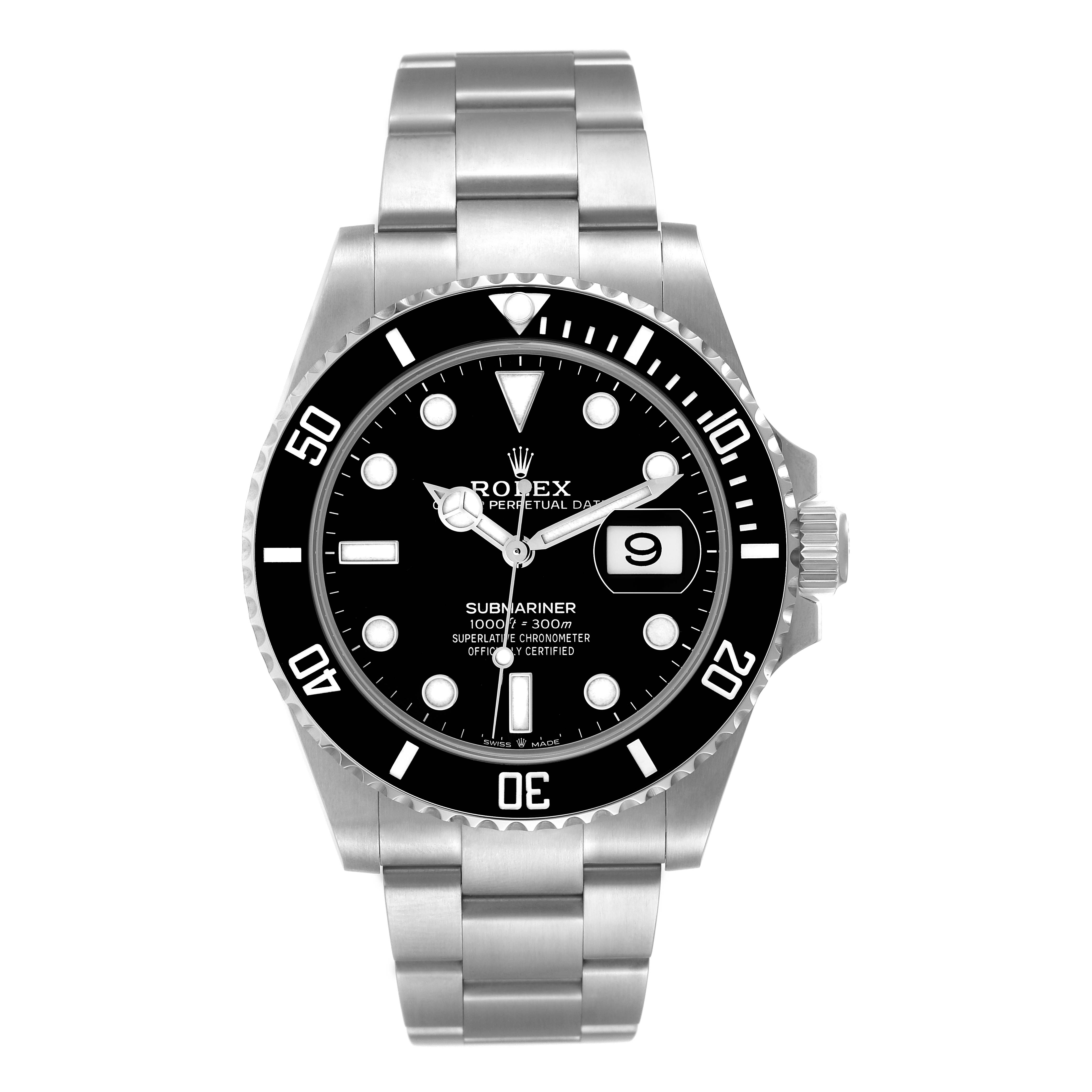 The image shows a front view of the Rolex Submariner 126610 Men
s Stainless Steel Black Dial 126610 Men
s Stainless Steel Black Dial watch, displaying the dial, bezel, bracelet, and date window.