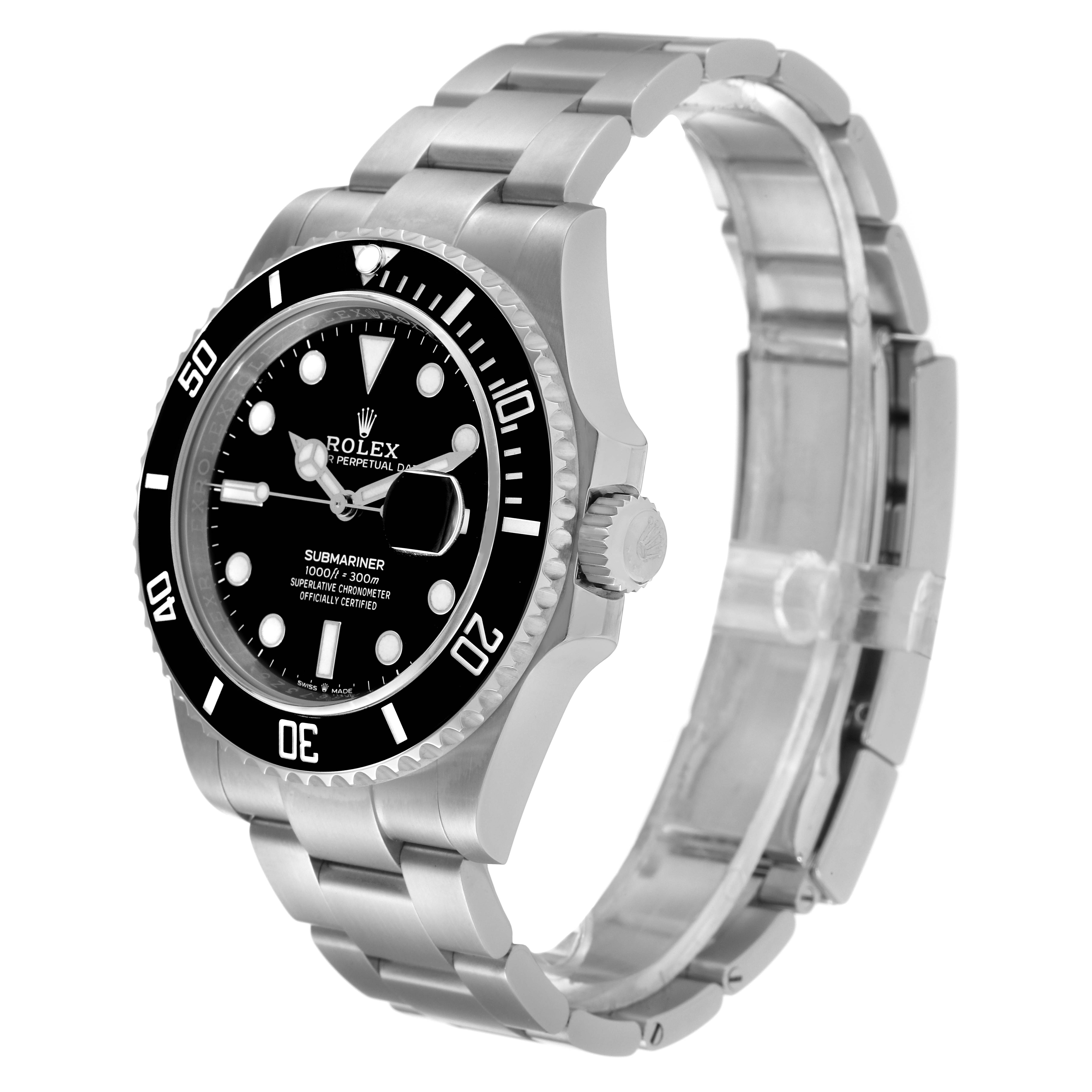 The image shows a side angle view of a Rolex Submariner 126610 Men
s Stainless Steel Black Dial 126610 Men
s Stainless Steel Black Dial watch, highlighting the bezel, dial, bracelet, and crown.