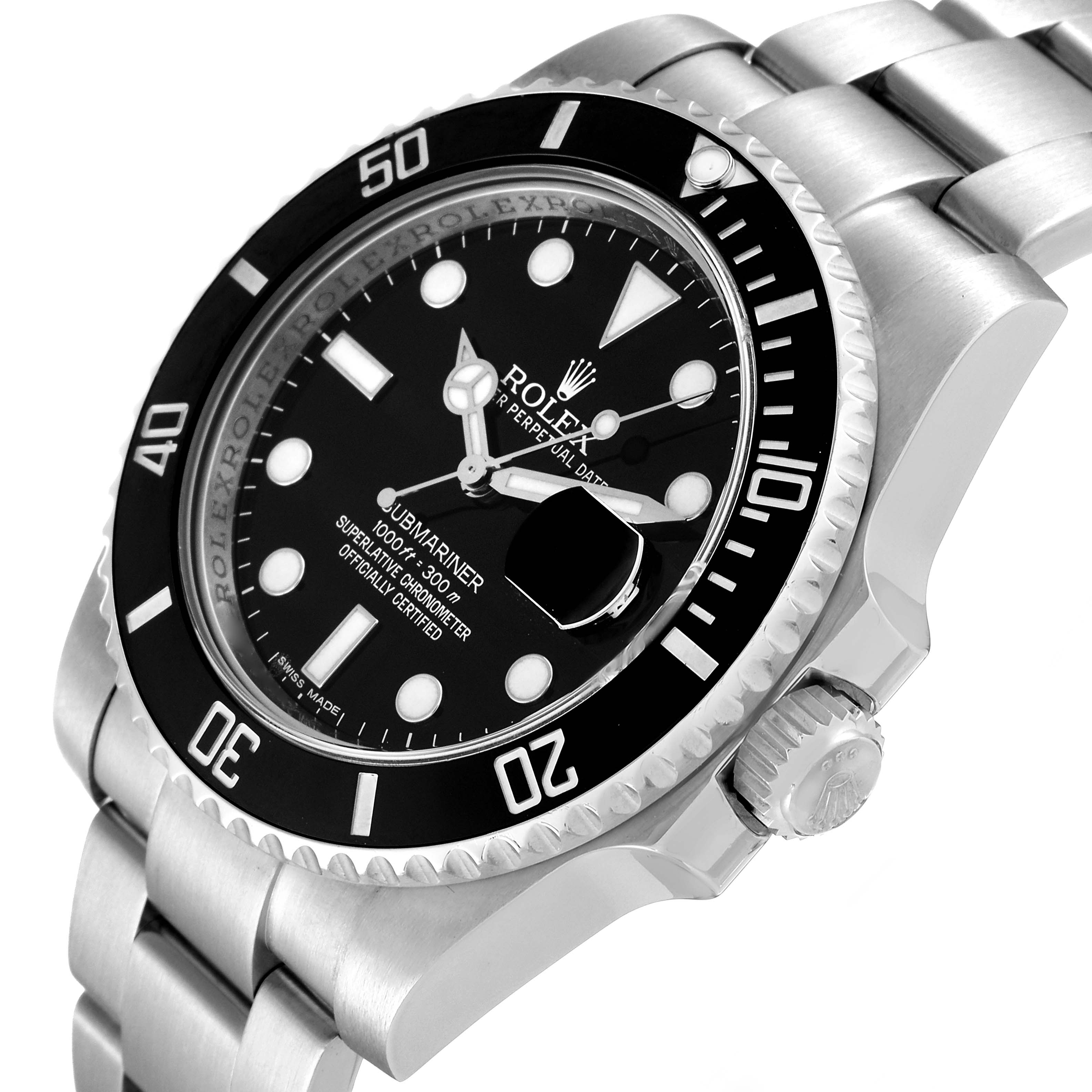 The image shows a side and front angle of a Rolex Submariner 116610 Men
s Stainless Steel Black Dial 116610 Men
s Stainless Steel Black Dial watch, detailing its black dial, bezel, crown, and stainless steel bracelet.