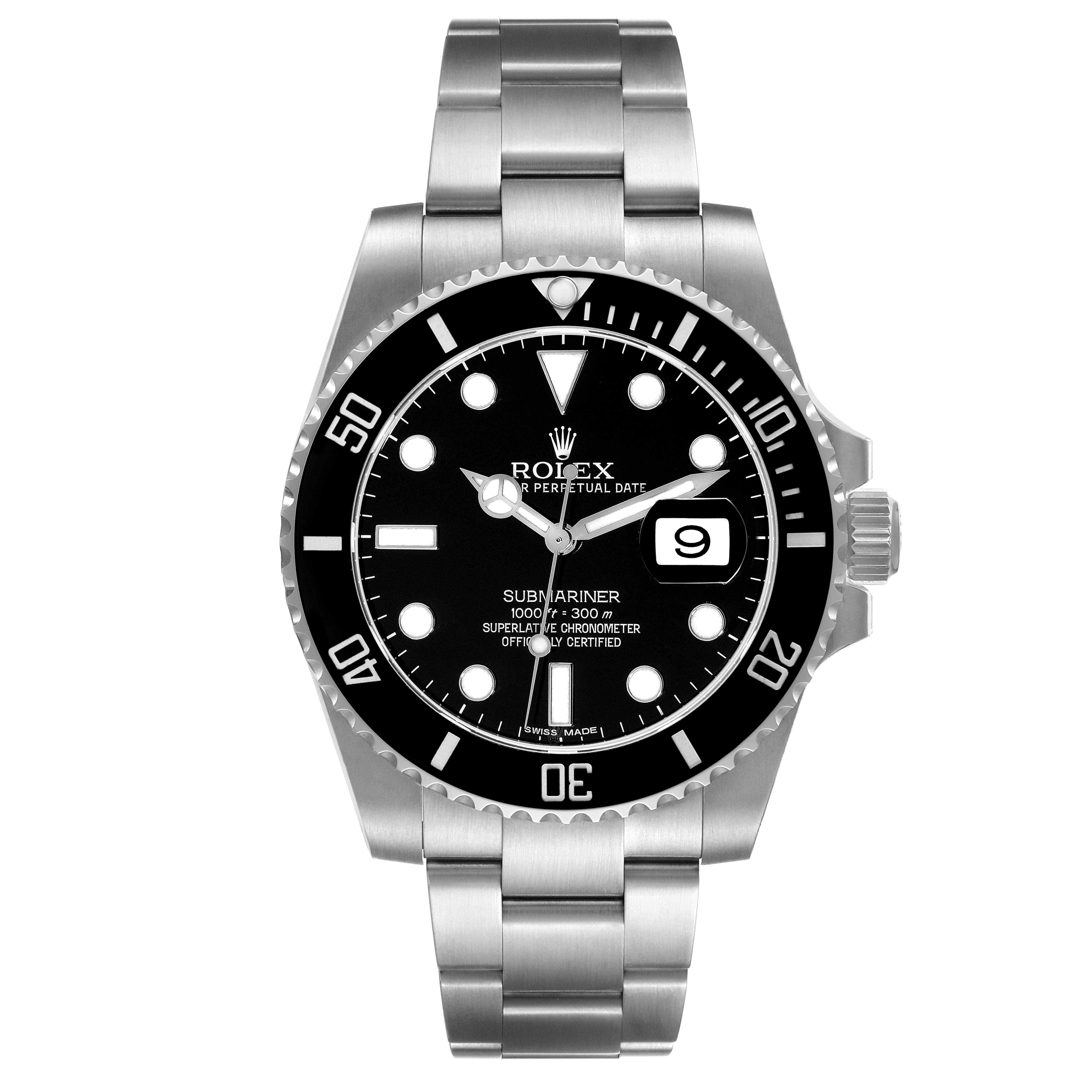 The image shows a frontal view of the Rolex Submariner 116610 Men
s Stainless Steel Black Dial 116610 Men
s Stainless Steel Black Dial watch, displaying the dial, bezel, bracelet, and date window.