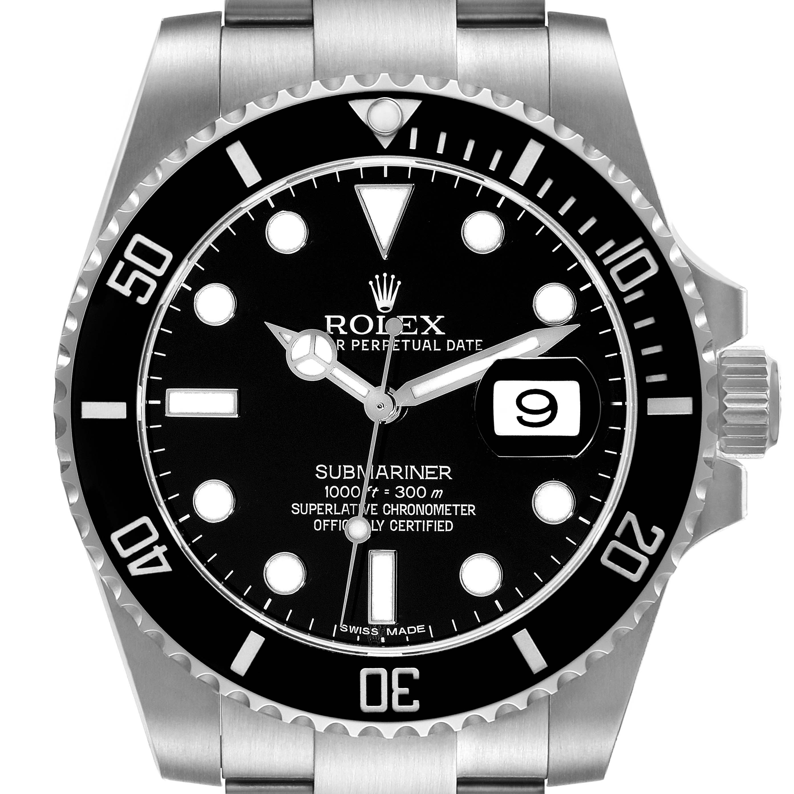 The image shows a front view of the Rolex Submariner 116610 Men
s Stainless Steel Black Dial 116610 Men
s Stainless Steel Black Dial watch, displaying its dial, bezel, and part of the bracelet.