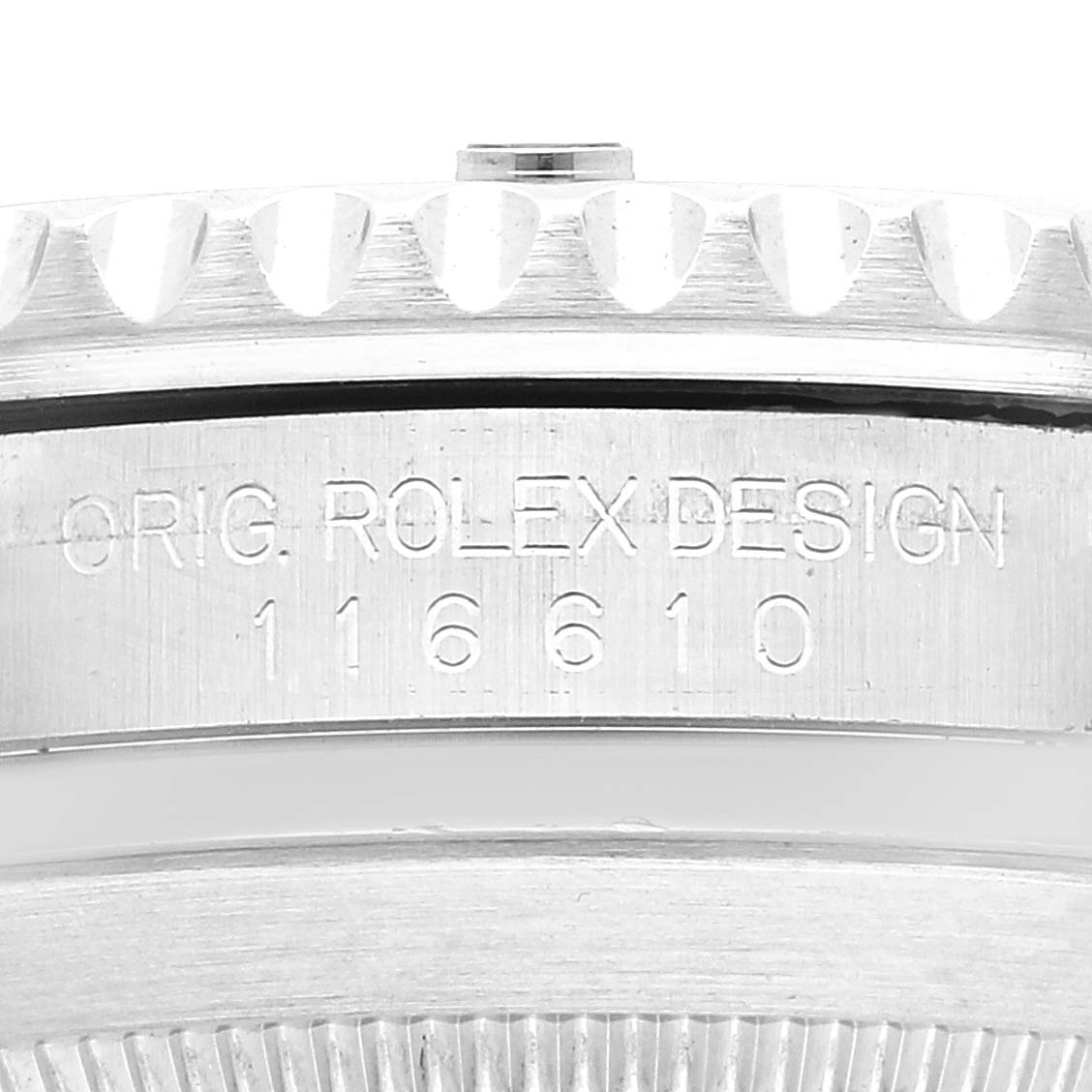 This image shows a close-up of the side of a Rolex Submariner 116610 Men
s Stainless Steel Black Dial 116610 Men
s Stainless Steel Black Dial watch, highlighting its engraved design and model number.