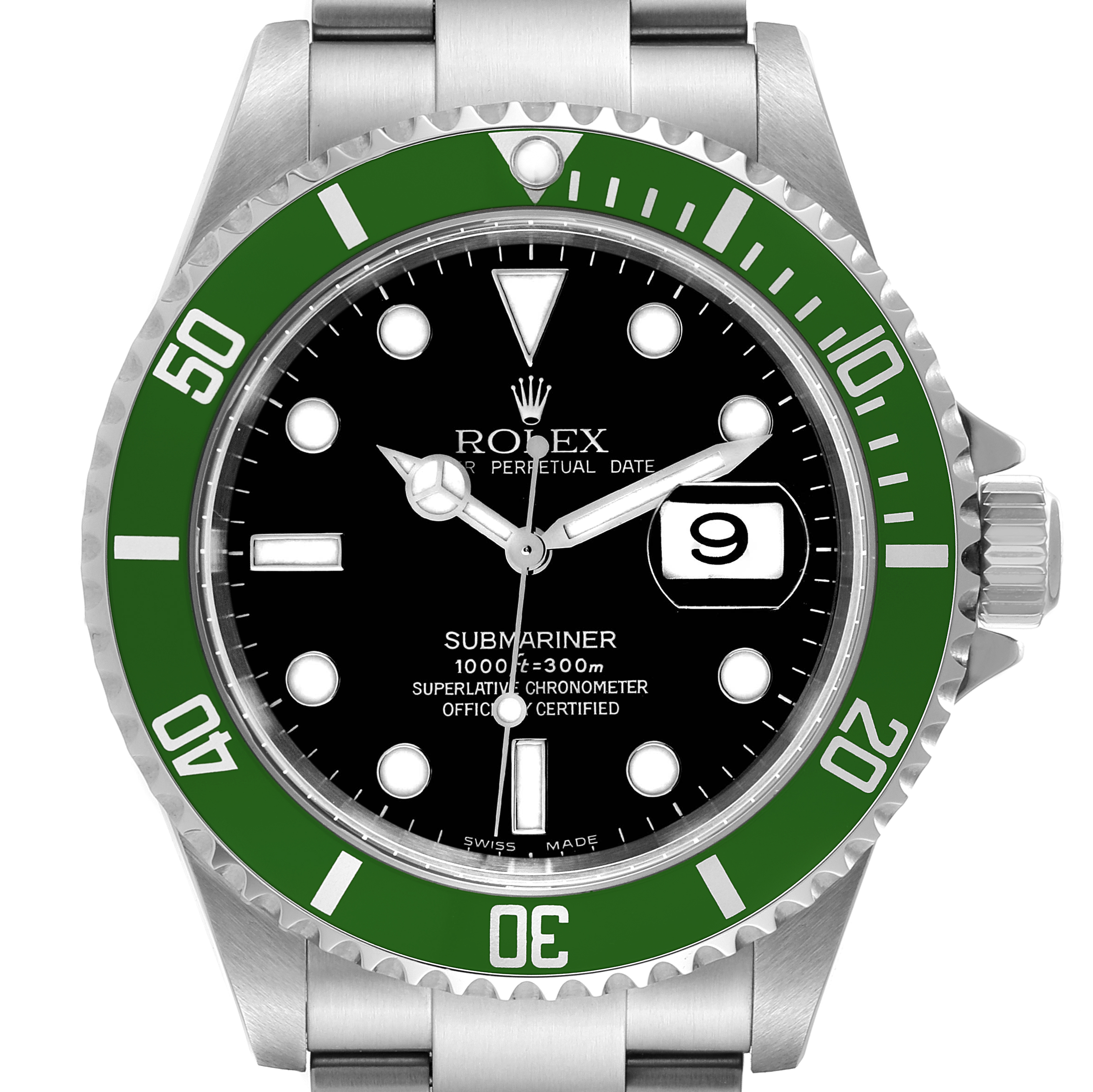 The image shows a front view of a Rolex Submariner 16610LV Men
s Stainless Steel Black Dial 16610LV Men
s Stainless Steel Black Dial watch displaying its green bezel, black dial, and date window at 3 o
clock.