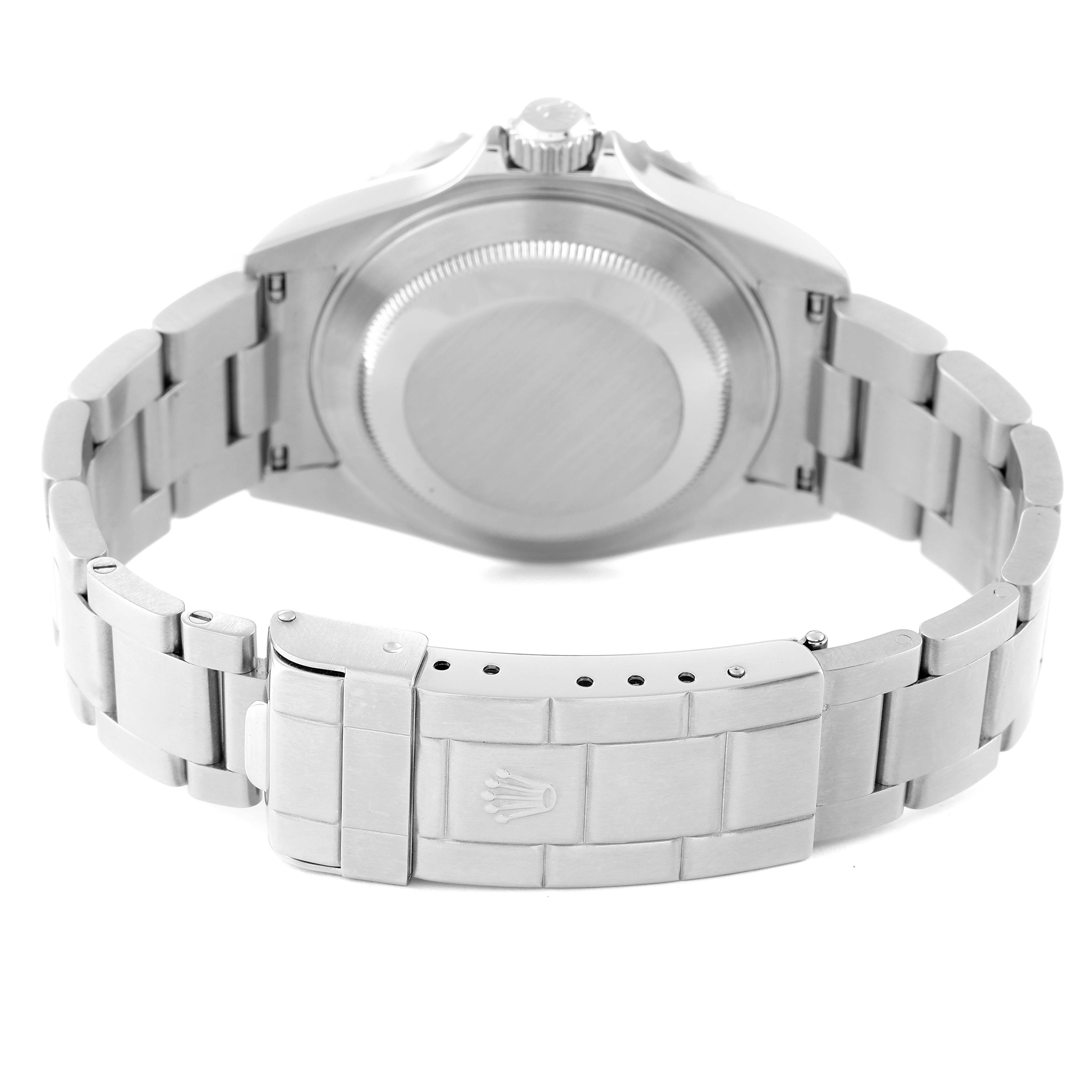 The image shows the back case and clasp of a Rolex Submariner 16610LV Men
s Stainless Steel Black Dial 16610LV Men
s Stainless Steel Black Dial watch, viewed from the rear.