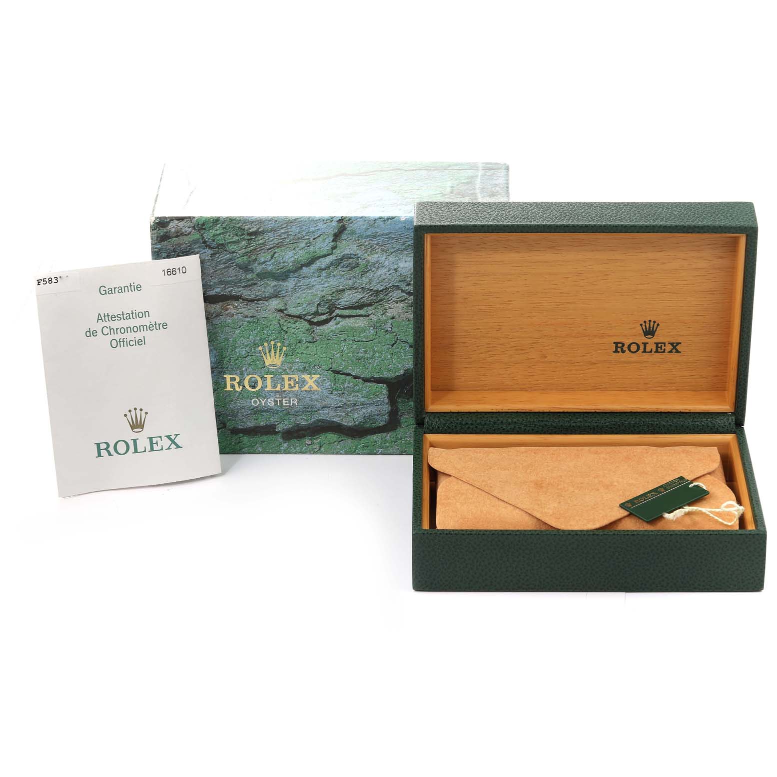 The image shows the packaging, warranty booklet, and storage box for a Rolex Submariner 16610LV Men
s Stainless Steel Black Dial 16610LV Men
s Stainless Steel Black Dial watch.