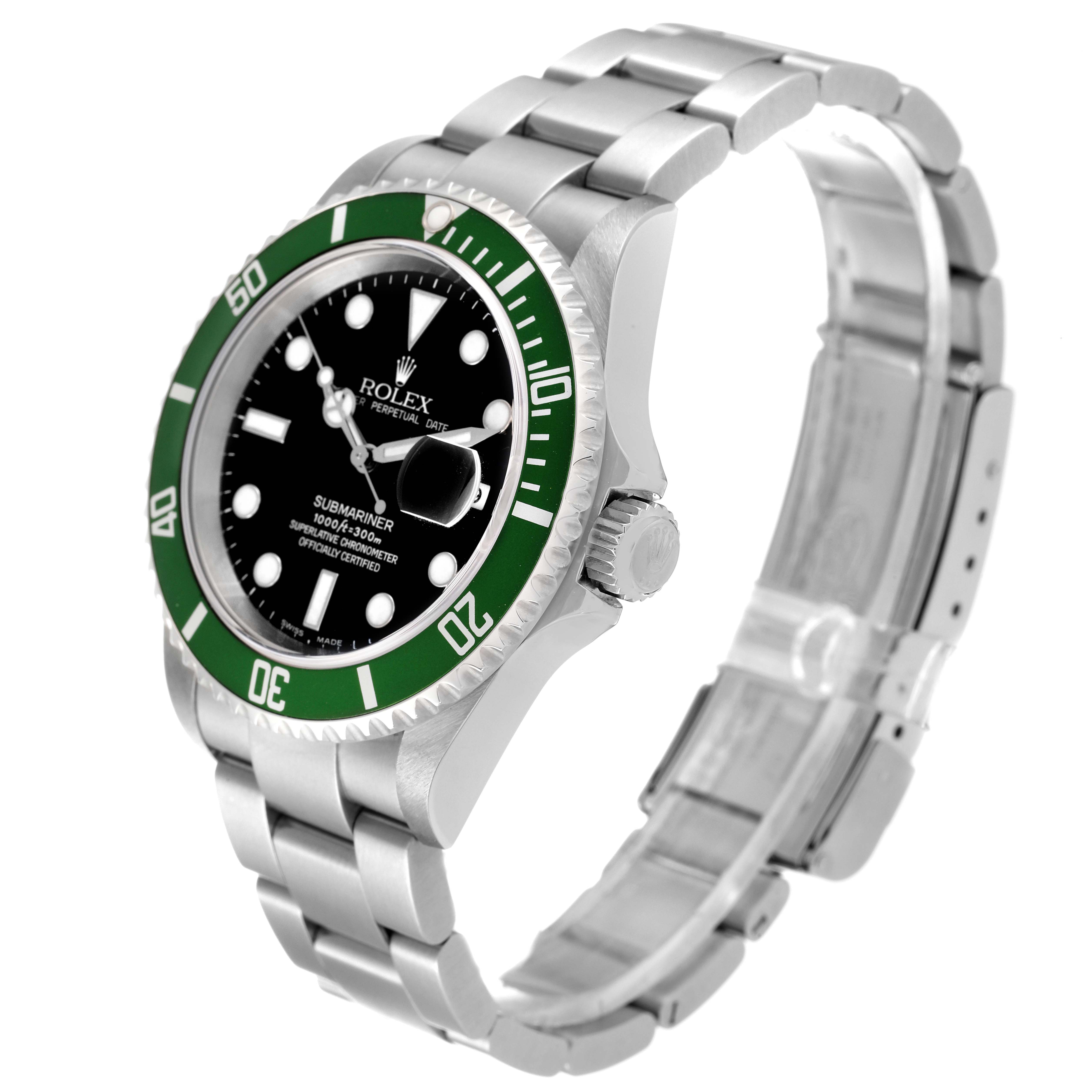 The image shows a side and front angled view of a Rolex Submariner 16610LV Men
s Stainless Steel Black Dial 16610LV Men
s Stainless Steel Black Dial watch, highlighting its bezel, dial, and bracelet.
