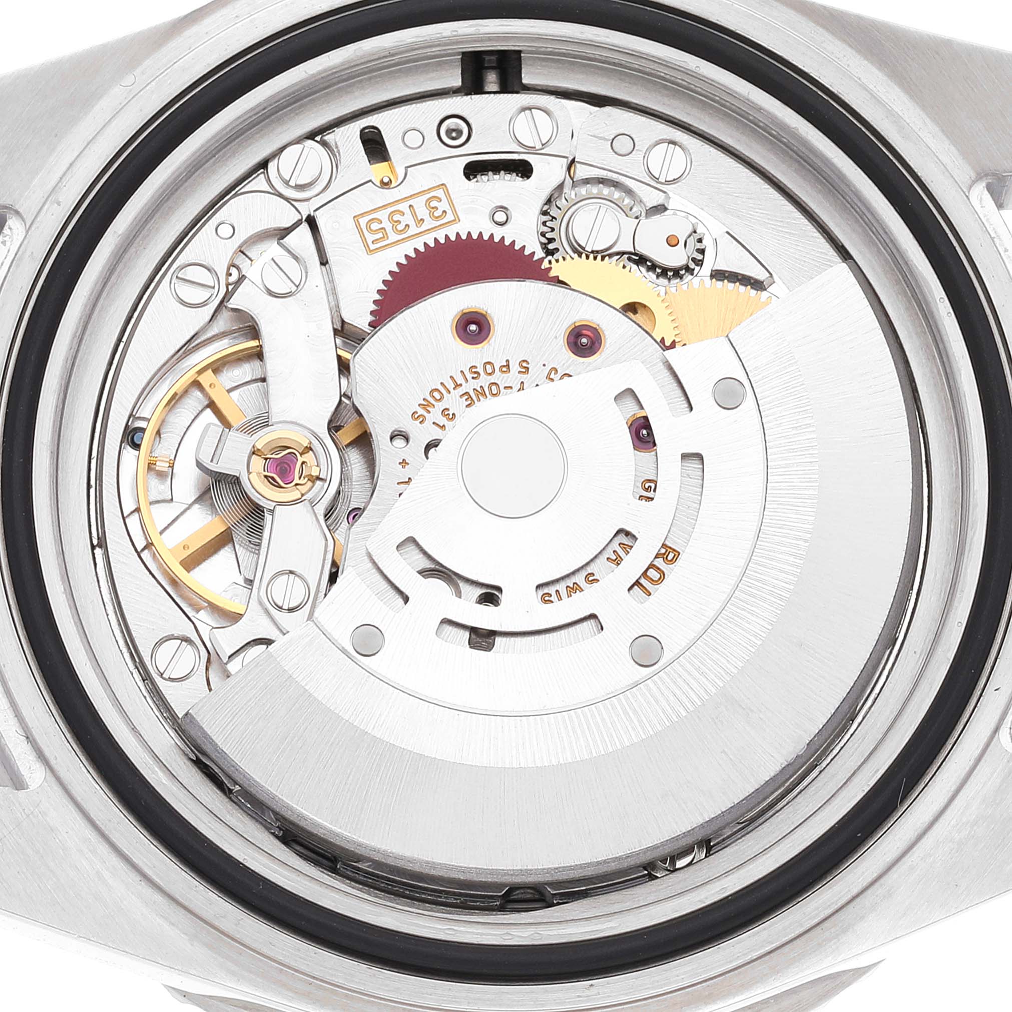 The image shows the case back removed, revealing the movement and inner mechanisms of the Rolex Submariner 16610LV Men
s Stainless Steel Black Dial 16610LV Men
s Stainless Steel Black Dial watch.