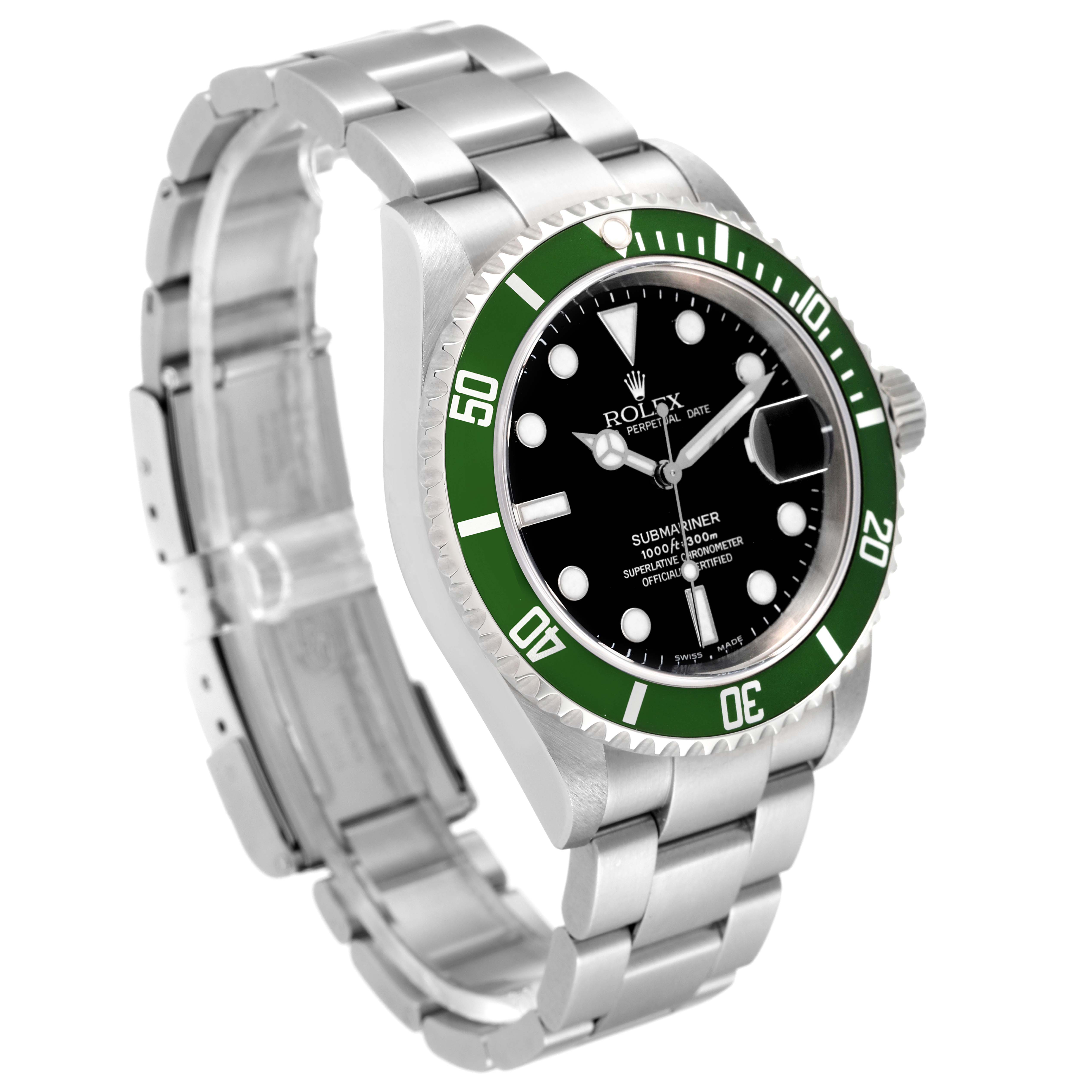The image shows a side angle of a Rolex Submariner 16610LV Men
s Stainless Steel Black Dial 16610LV Men
s Stainless Steel Black Dial watch, highlighting its green bezel, black dial, and stainless steel bracelet.