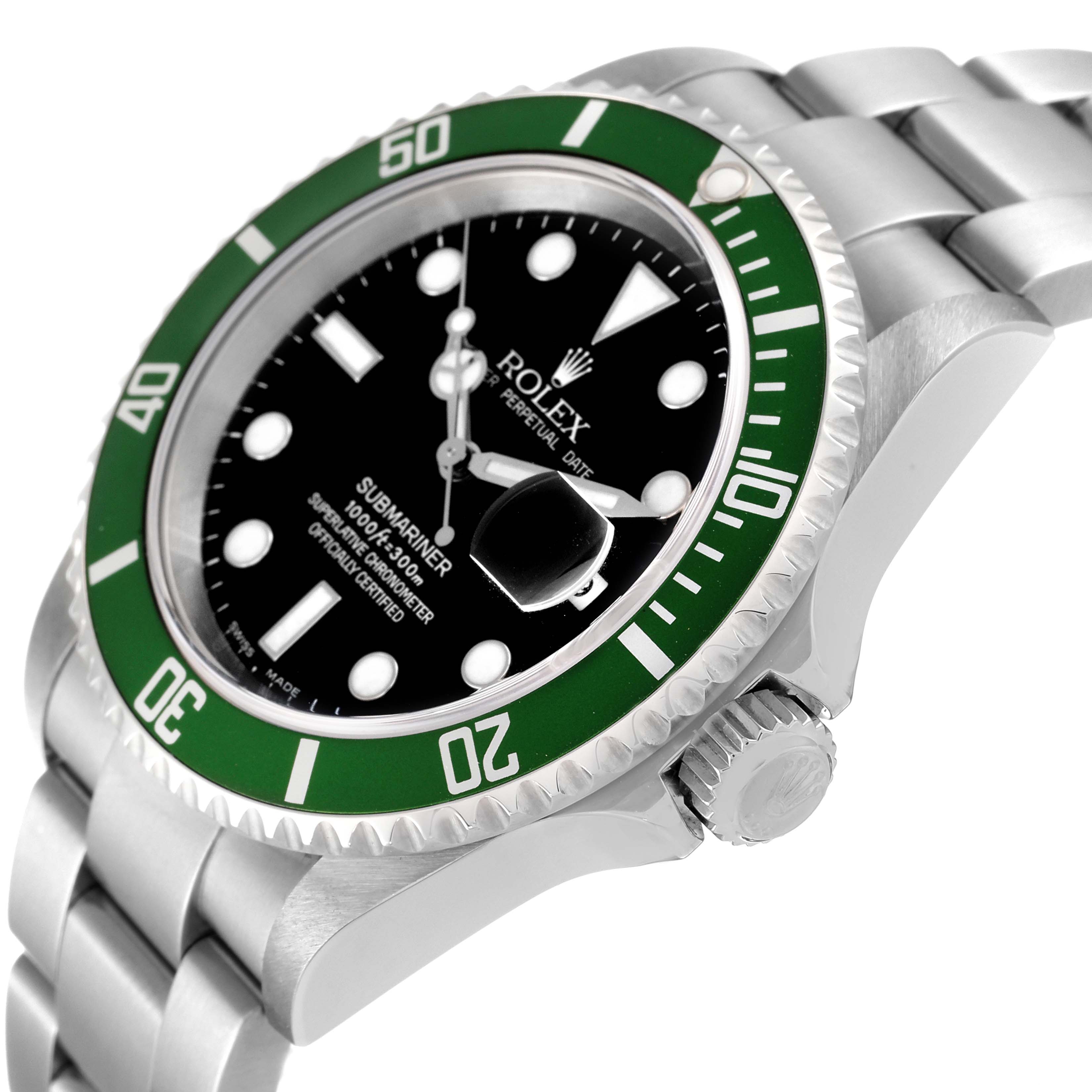This image shows the side and dial of the Rolex Submariner 16610LV Men
s Stainless Steel Black Dial 16610LV Men
s Stainless Steel Black Dial, showcasing its green bezel, crown, and bracelet.