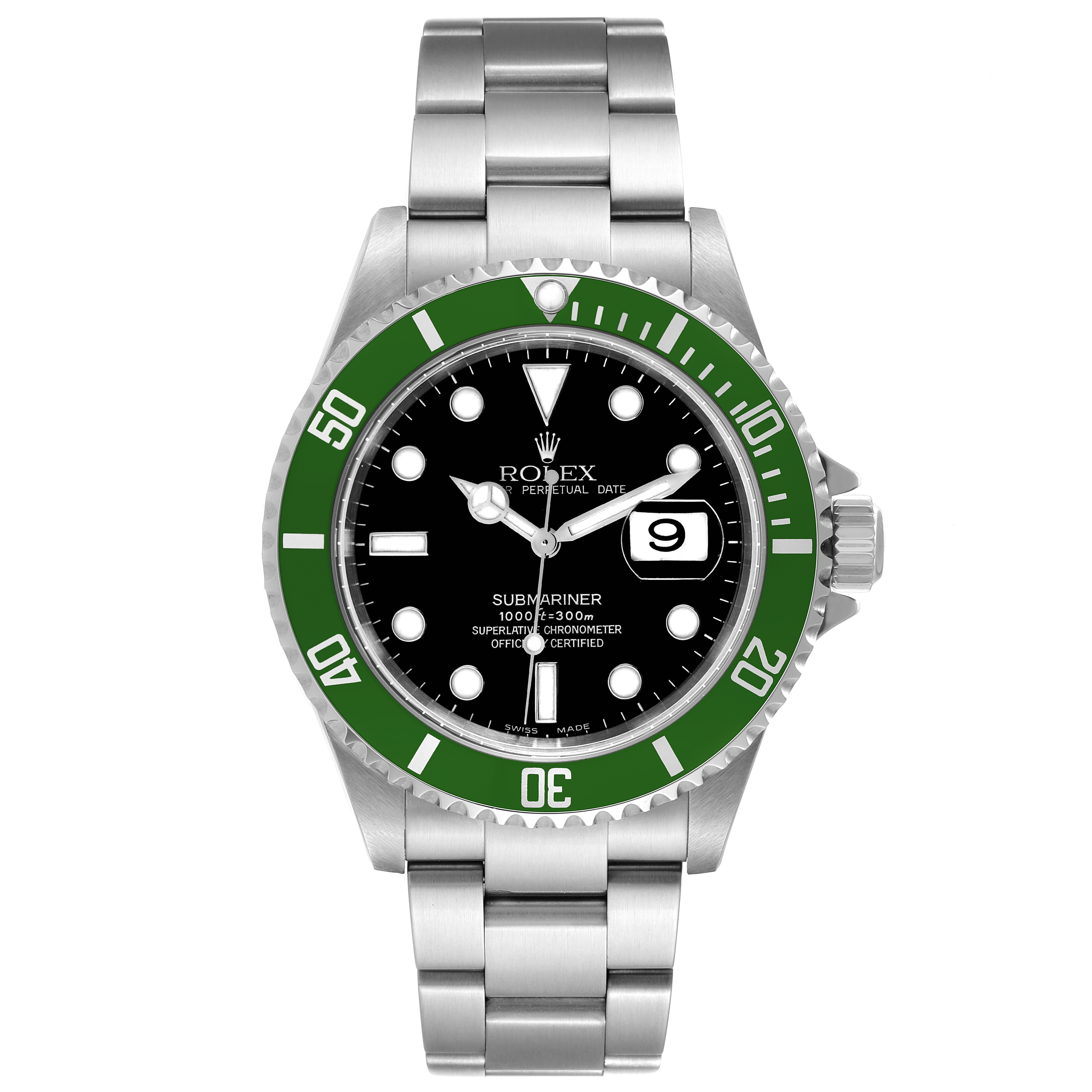 This Rolex Submariner 16610LV Men
s Stainless Steel Black Dial 16610LV Men
s Stainless Steel Black Dial watch is shown from the front, displaying its green bezel, black dial, date window, and stainless steel bracelet.