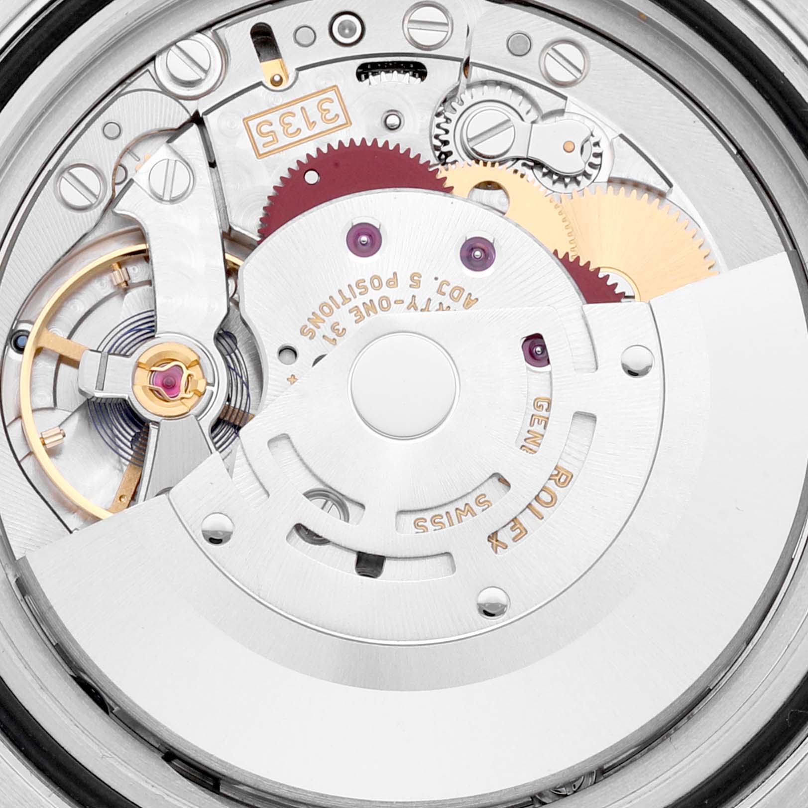 The image shows a close-up view of the movement of a Rolex Submariner 116610LV Men's Stainless Steel Green Dial 116610LV Men's Stainless Steel Green Dial watch, highlighting its internal gears and mechanisms.