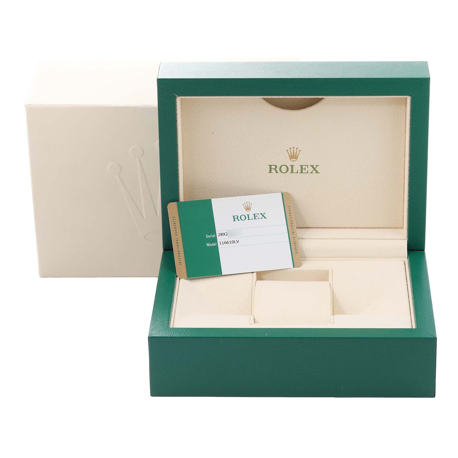 The image shows an empty Rolex green watch box for the Submariner model, with a warranty card displayed inside.