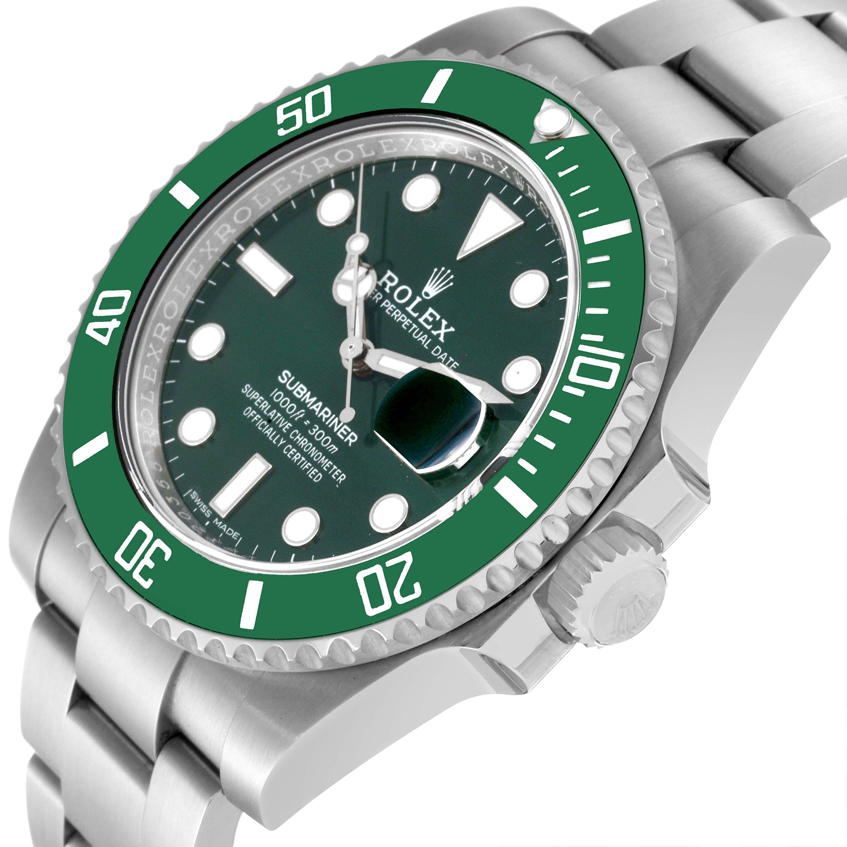 The image shows a side view of a Rolex Submariner 116610LV Men's Stainless Steel Green Dial 116610LV Men's Stainless Steel Green Dial, highlighting the bezel, dial, crown, and part of the bracelet.