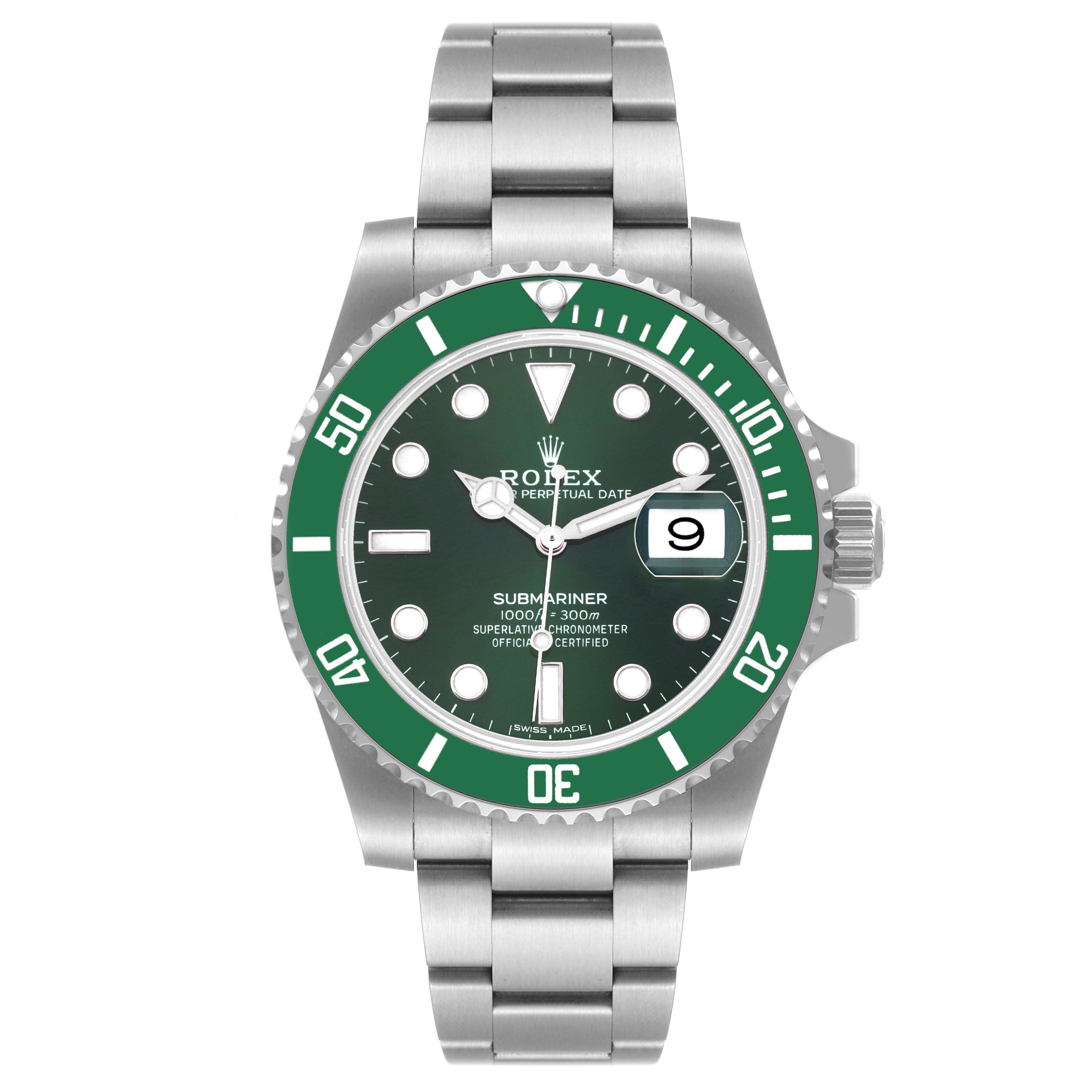 This image shows a front view of the Rolex Submariner 116610LV Men's Stainless Steel Green Dial 116610LV Men's Stainless Steel Green Dial with a green bezel and dial, featuring the bracelet and crown.