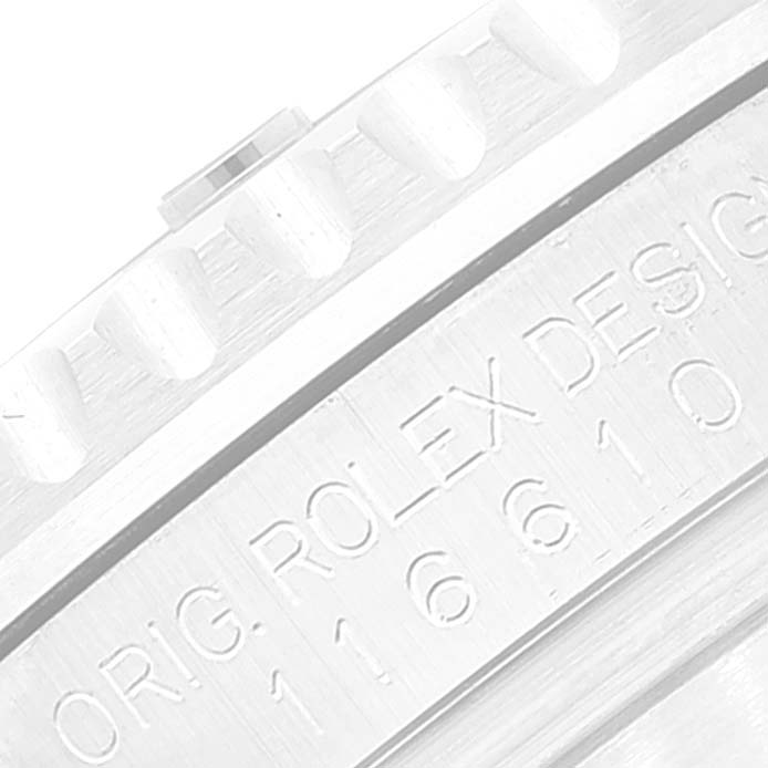 The image shows a close-up angle of the case side of a Rolex Submariner 116610LV Men's Stainless Steel Green Dial 116610LV Men's Stainless Steel Green Dial with its model number engraved.