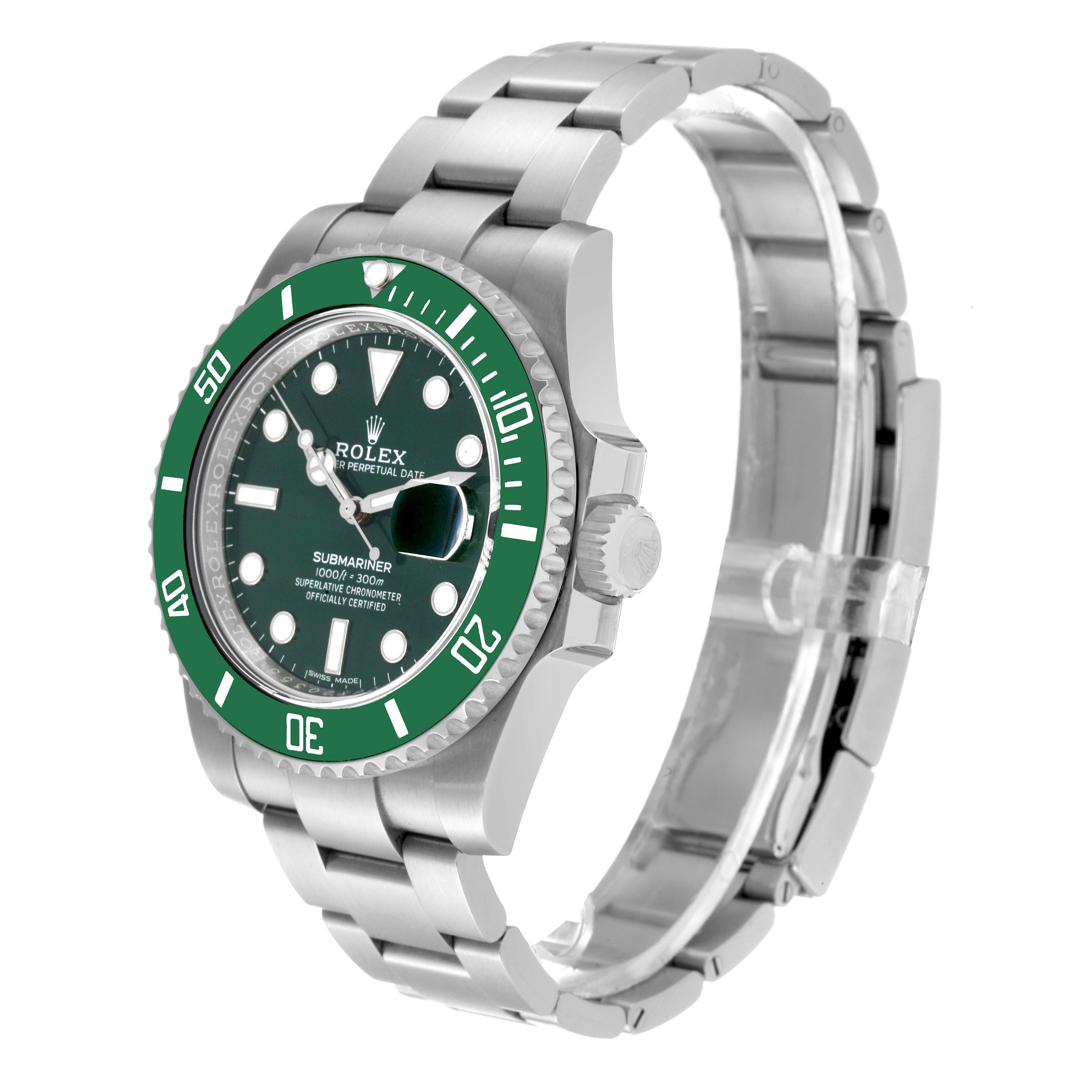 The image shows a side angle of a Rolex Submariner 116610LV Men's Stainless Steel Green Dial 116610LV Men's Stainless Steel Green Dial watch, highlighting the bracelet, dial, and bezel.